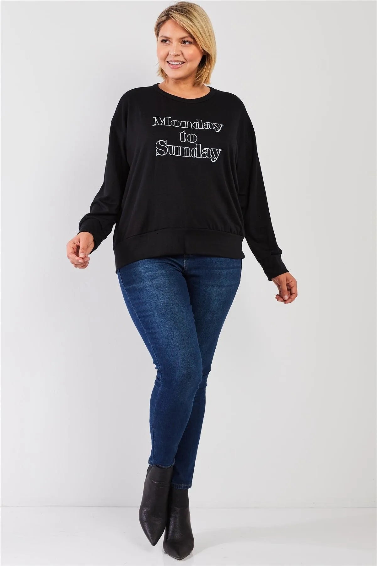 Black "Monday Sunday" Print Long Sleeve Relaxed Sweatshirt Top /2-1-1 - Tasha Apparel Wholesale