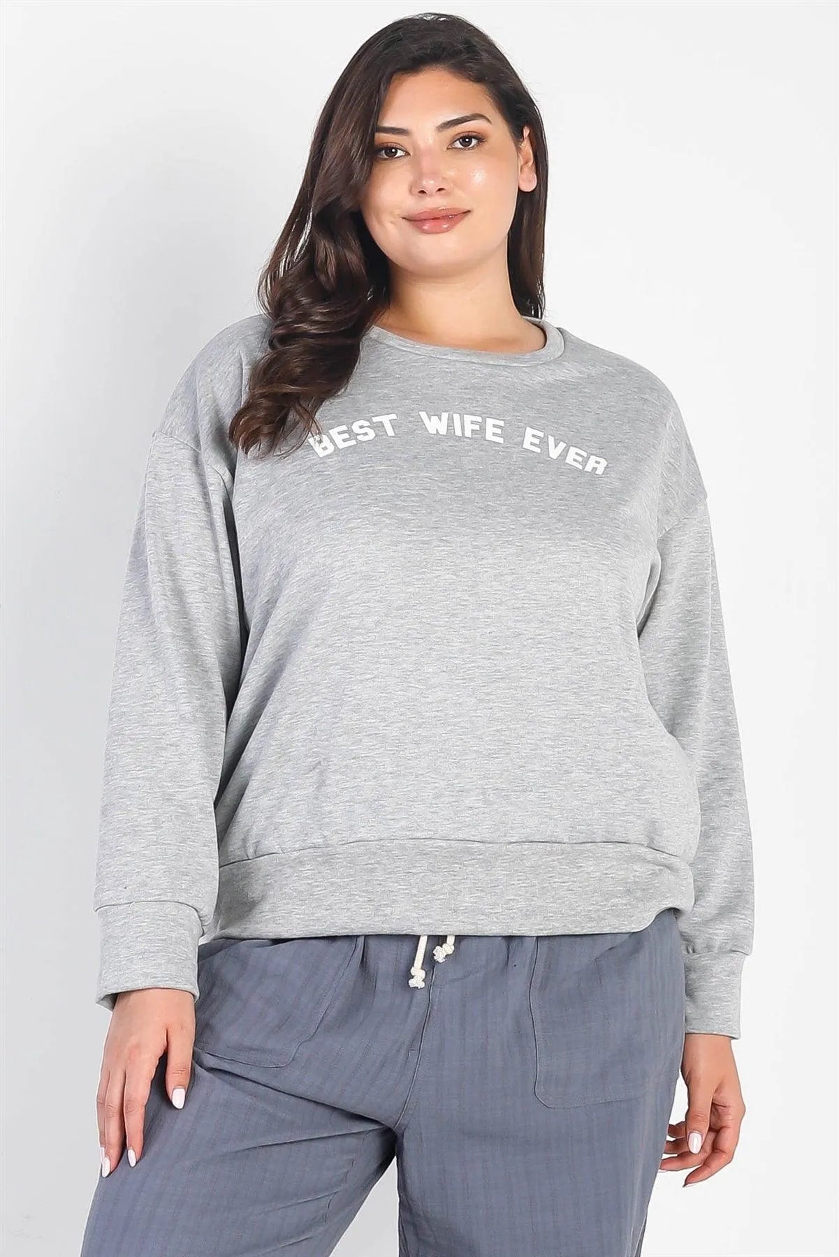 Junior Plus Heather Grey "Best Wife Ever" Long Sleeve Top /3-2-1 - Tasha Apparel Wholesale