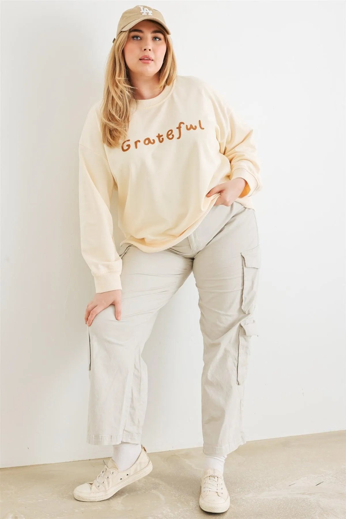 Junior Plus Cream "Grateful" Cotton Long Sleeve Sweater /3-2-1 - Tasha Apparel Wholesale