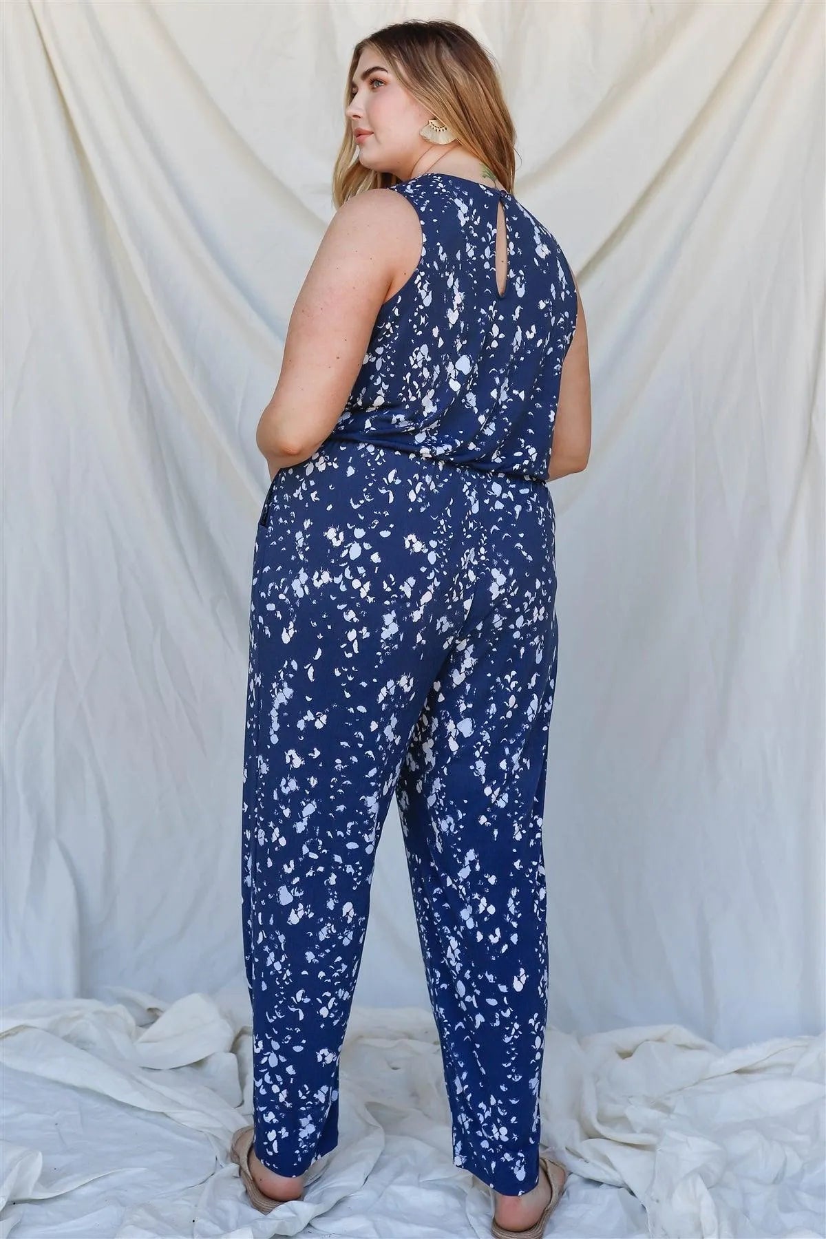Junior Plus Navy & Mint Feather Print Sleeveless Jumpsuit /2-2-1 - Tasha Apparel Wholesale