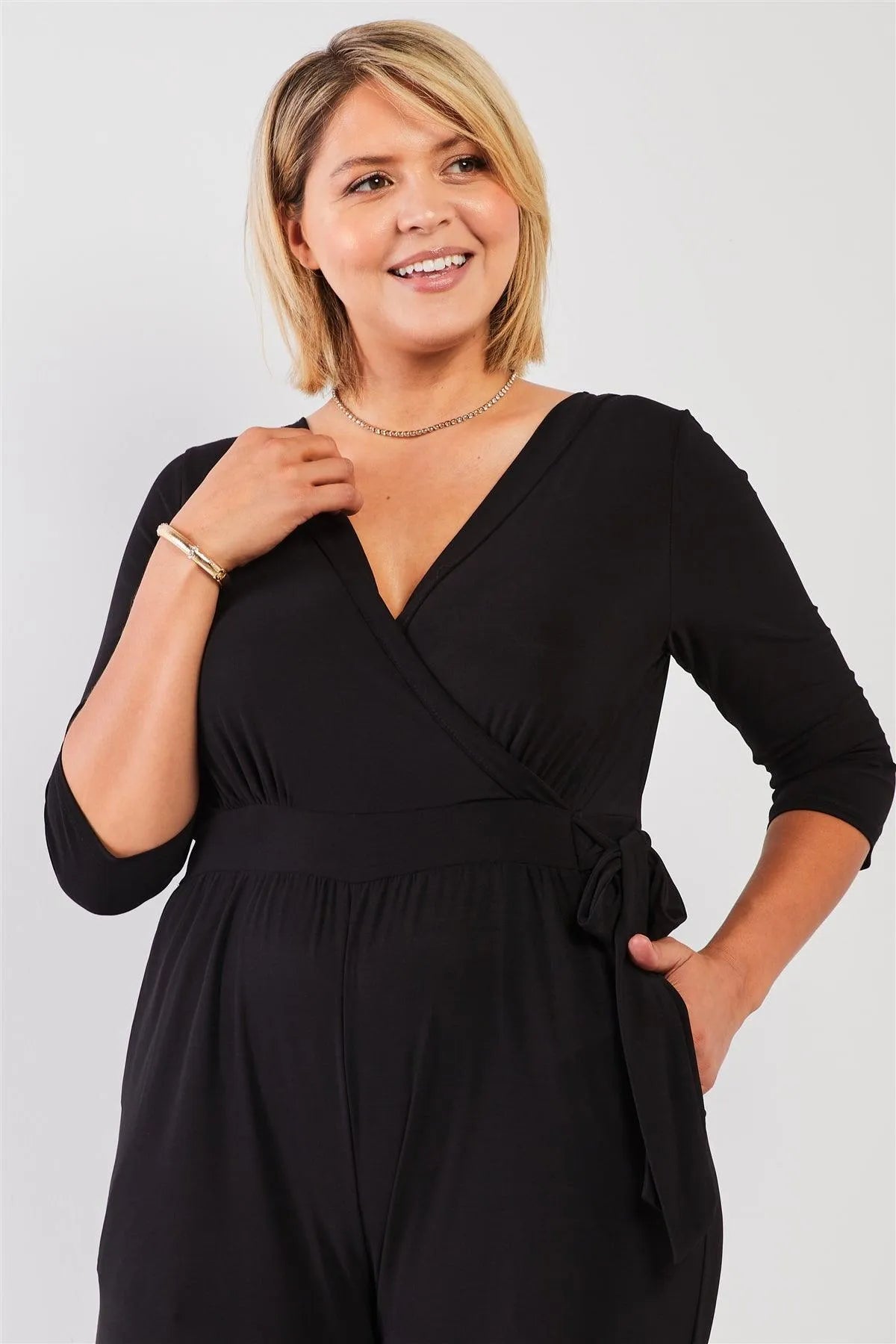 Junior Plus Black Plunging V-Neck Midi Sleeve Self-Tie Waist Detail Wide Leg Midi Jumpsuit /0X - Tasha Apparel Wholesale