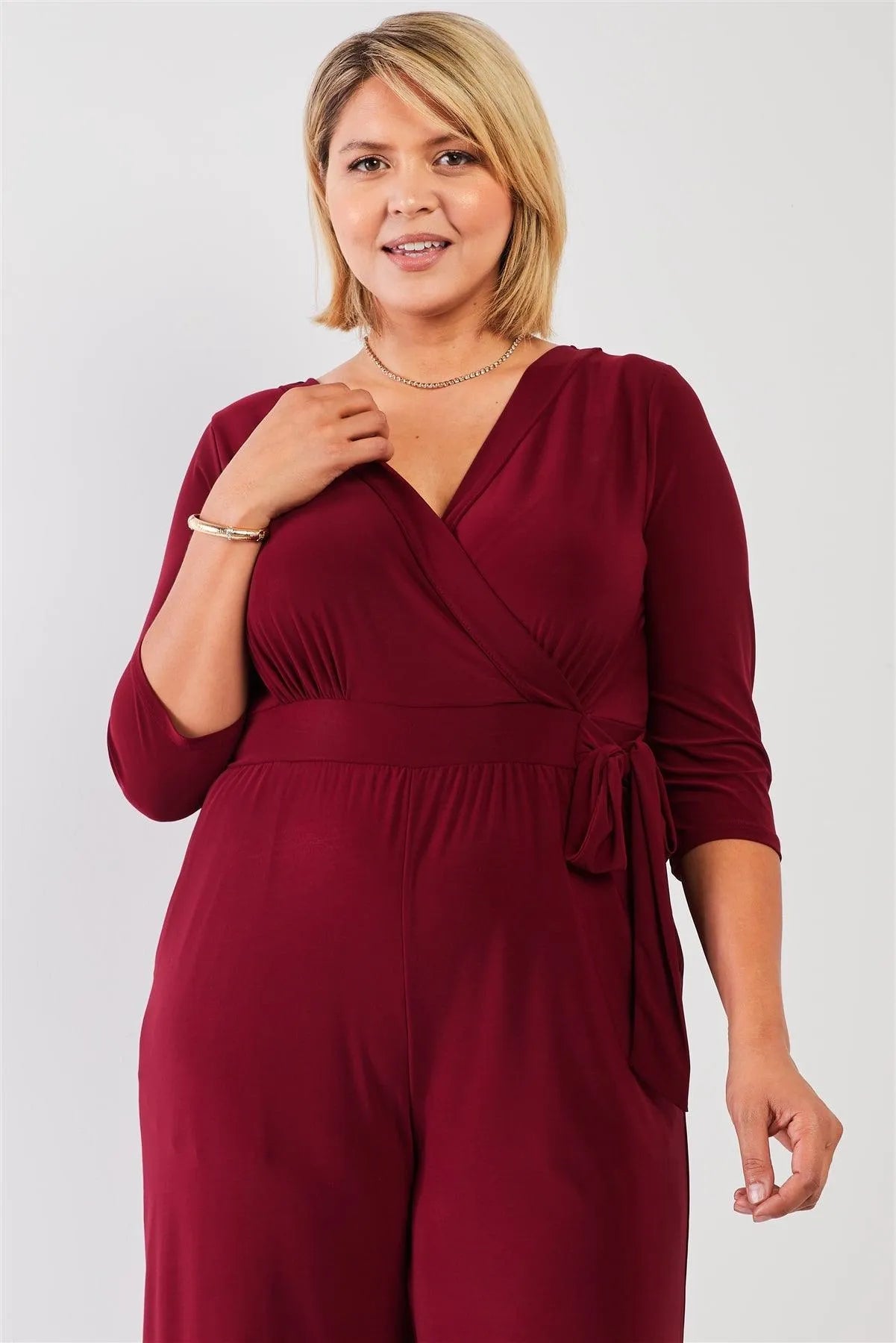 Junior Plus Burgundy Plunging V-Neck Midi Sleeve Self-Tie Waist Detail Wide Leg Midi Jumpsuit /0X - Tasha Apparel Wholesale