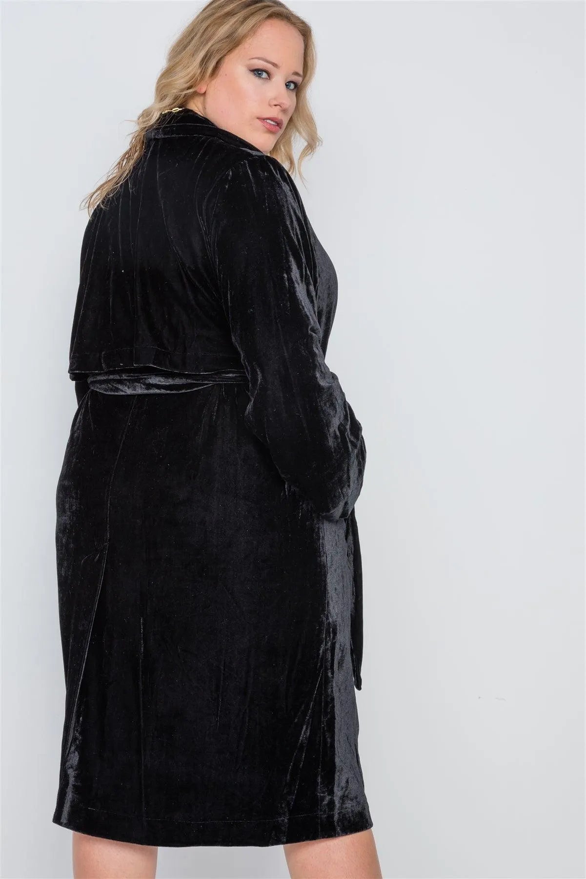 Plus Size Black Velvet Long Sleeve Trench Coat /2-3 - Tasha Apparel Wholesale