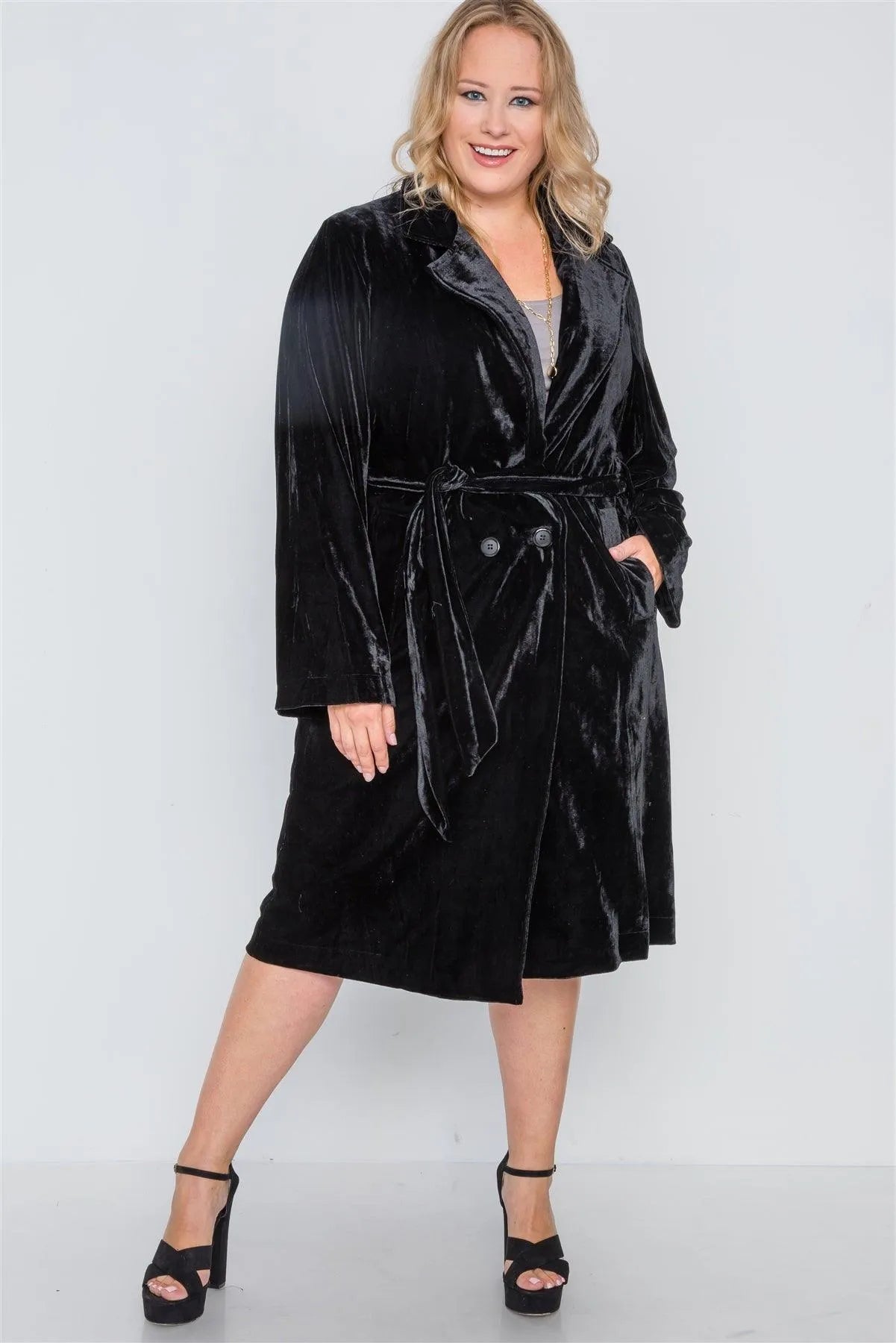 Plus Size Black Velvet Long Sleeve Trench Coat /3-3 - Tasha Apparel Wholesale