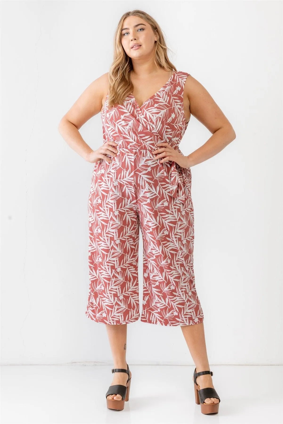 Junior Plus Brick & Off-White Tropical Two Pocket Wrap Sleeveless Jumpsuit /3-2-1 - Tasha Apparel Wholesale