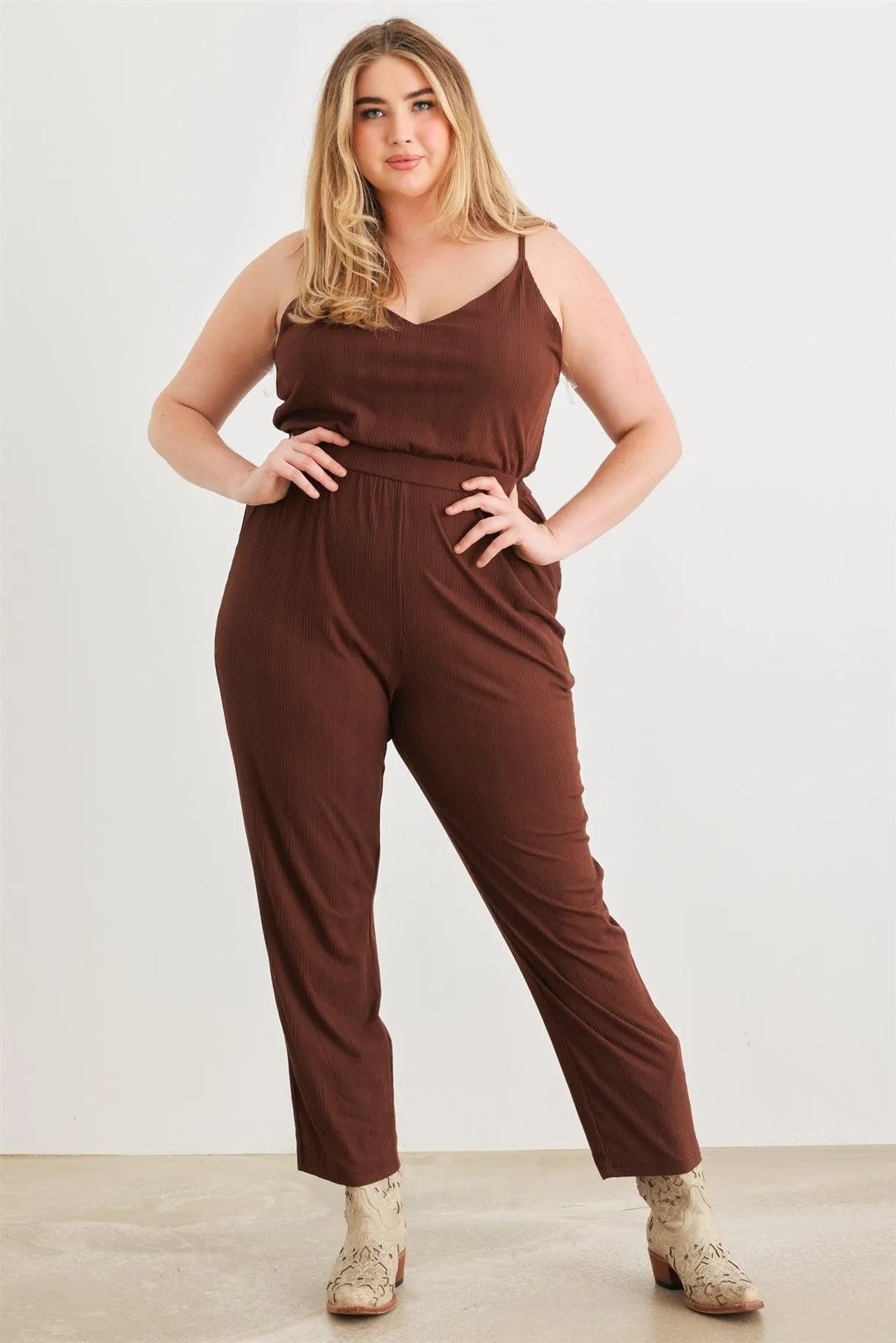 Junior Plus Brown Ribbed Two Pocket V-Neck Strappy Jumpsuit /3-2-1 - Tasha Apparel Wholesale