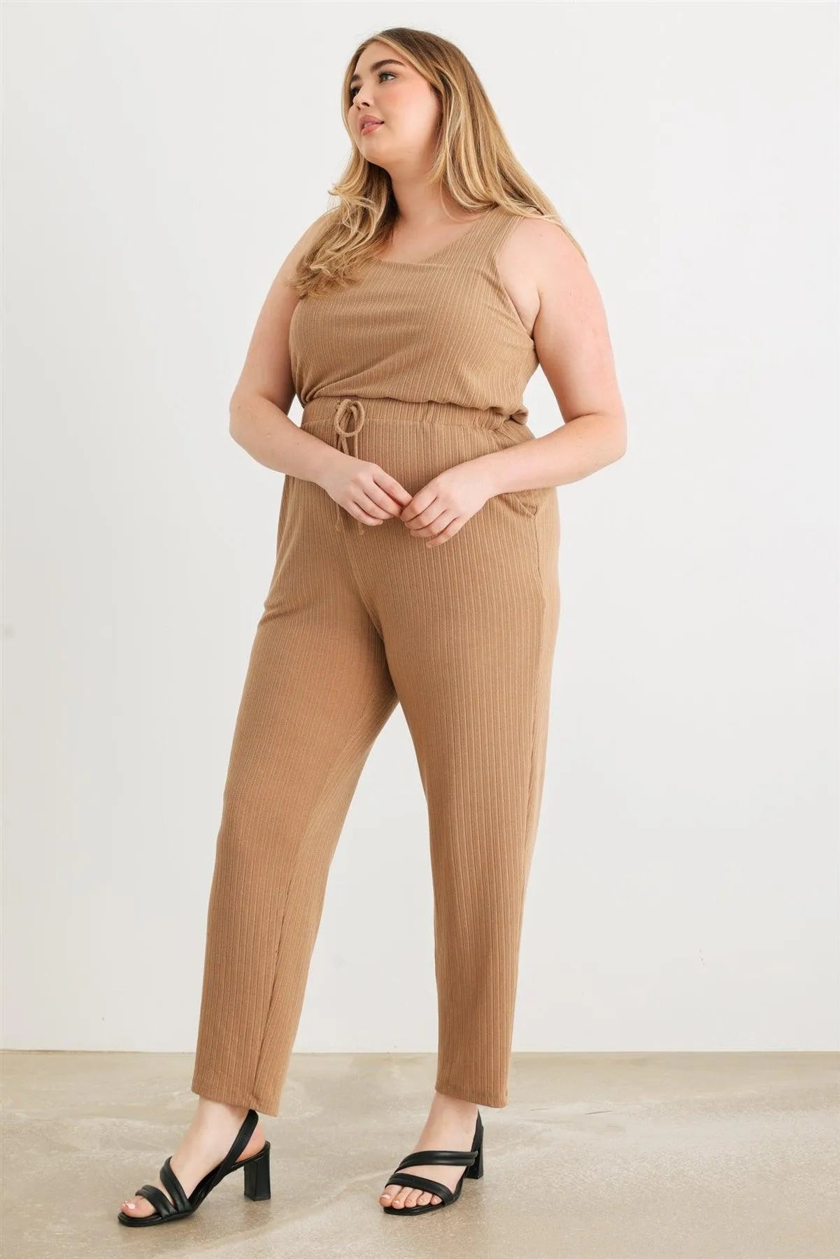 Junior Plus Camel Ribbed Two Pocket Drawstring Waist Sleeveless Jumpsuit /3-2-1 - Tasha Apparel Wholesale