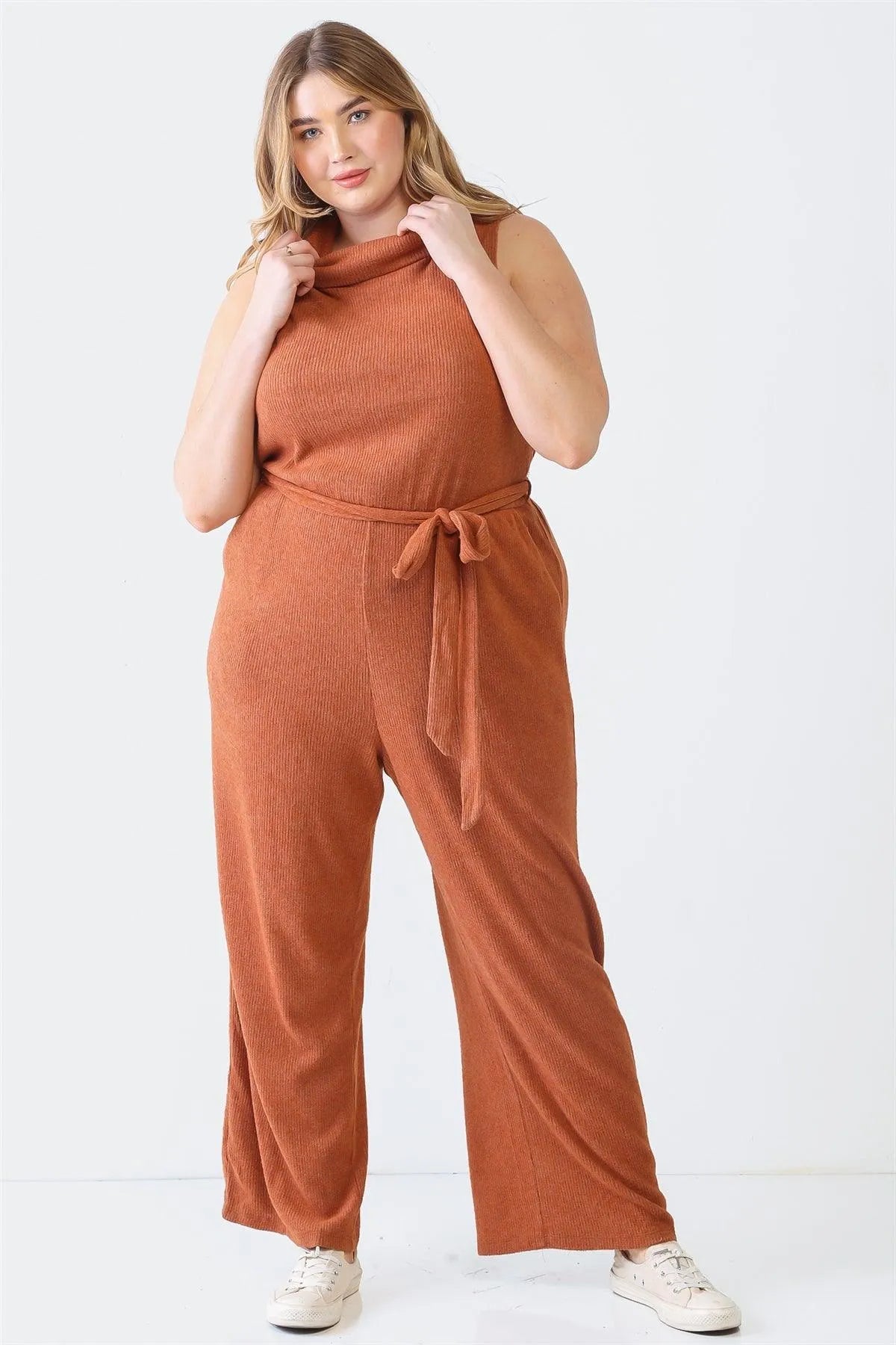 Plus Size Ribbed Sleeveless Turtle Neck Belted Jumpsuit - Tasha Apparel Wholesale