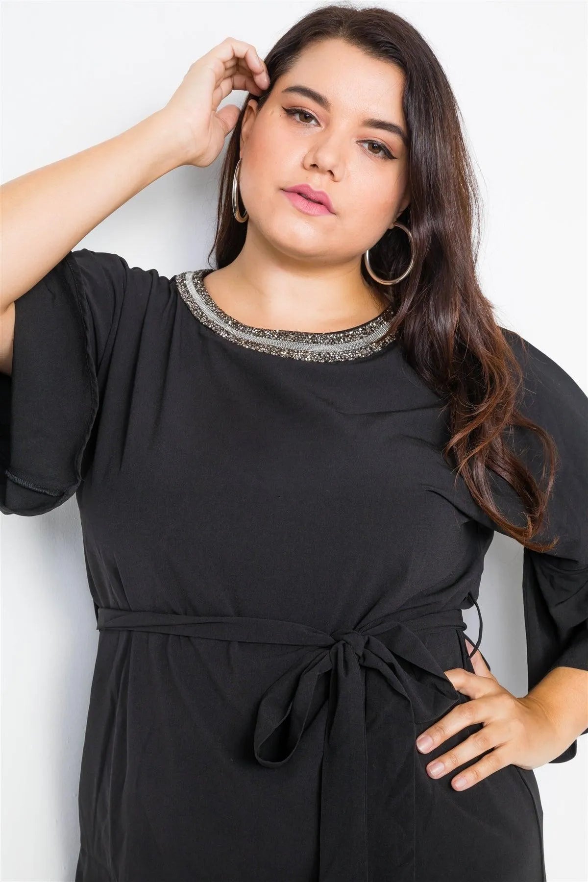 Junior Plus Size Black Beaded Neckline Mini Dress / 2-2-2 - Tasha Apparel Wholesale