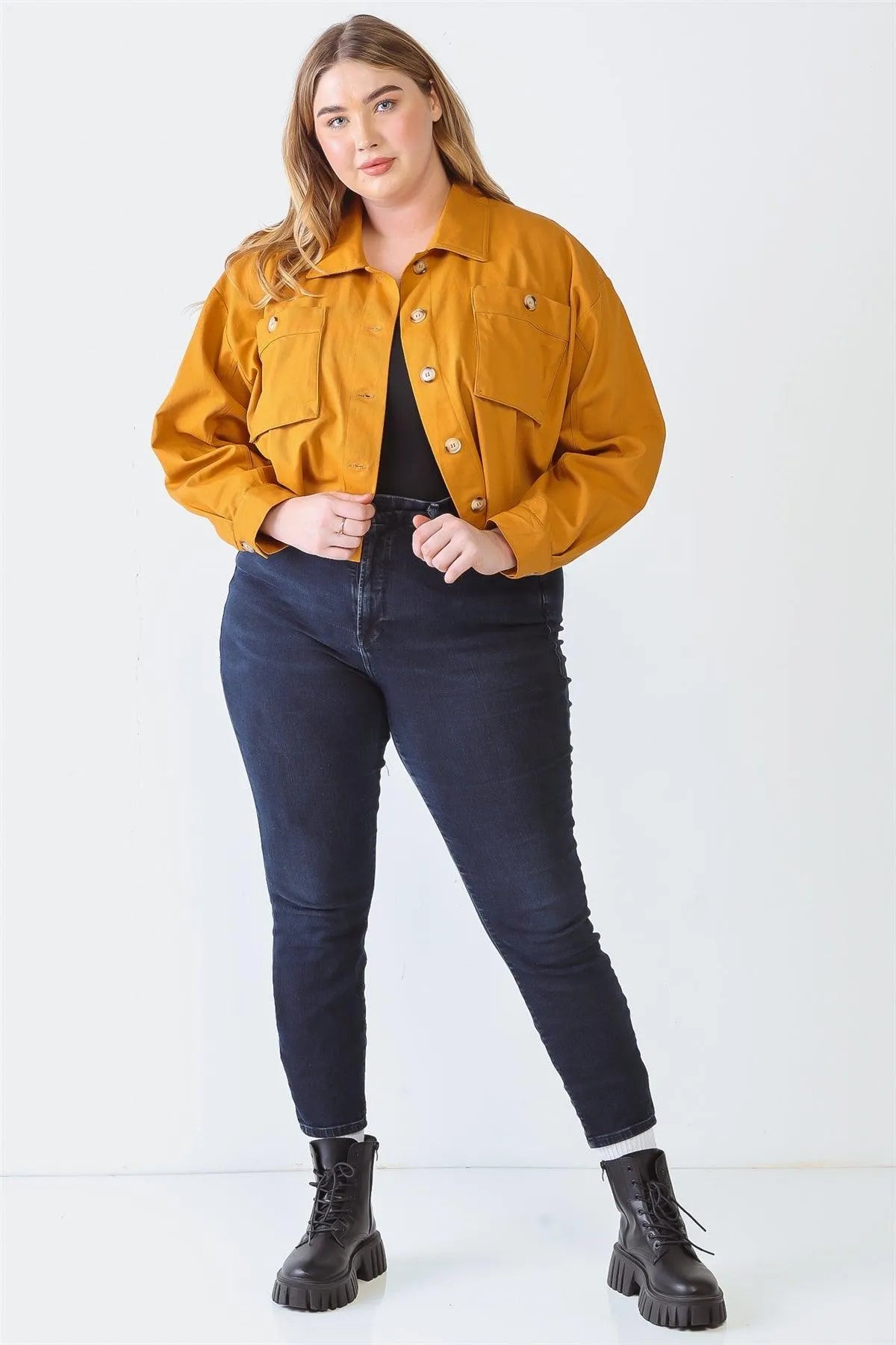 Junior Plus Mustard Cotton Button-Up Two Pocket Collared Neck Long Sleeve Jacket /3-2-1 - Tasha Apparel Wholesale