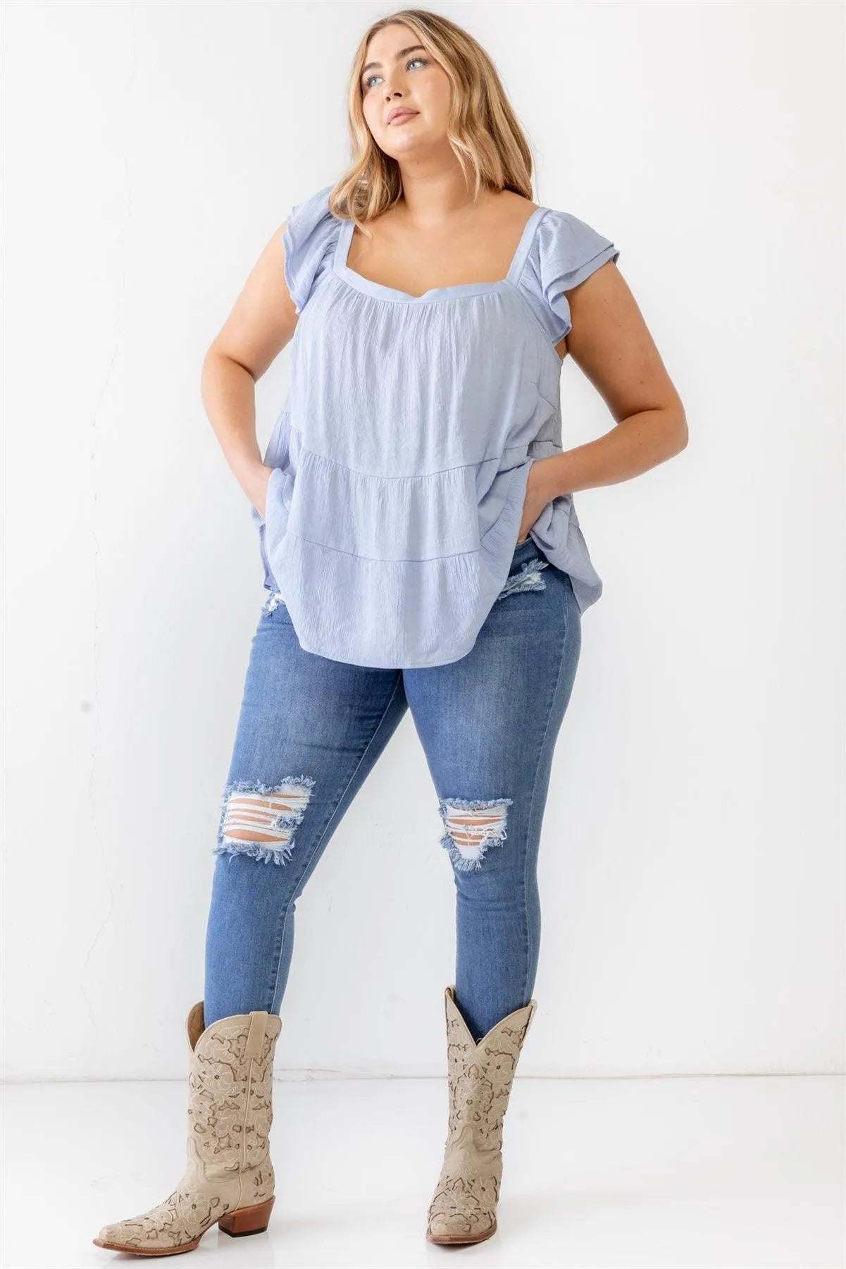 Junior Plus Baby Blue Crinkled Short Sleeve Flare Hem Top /3-2-1 - Tasha Apparel Wholesale
