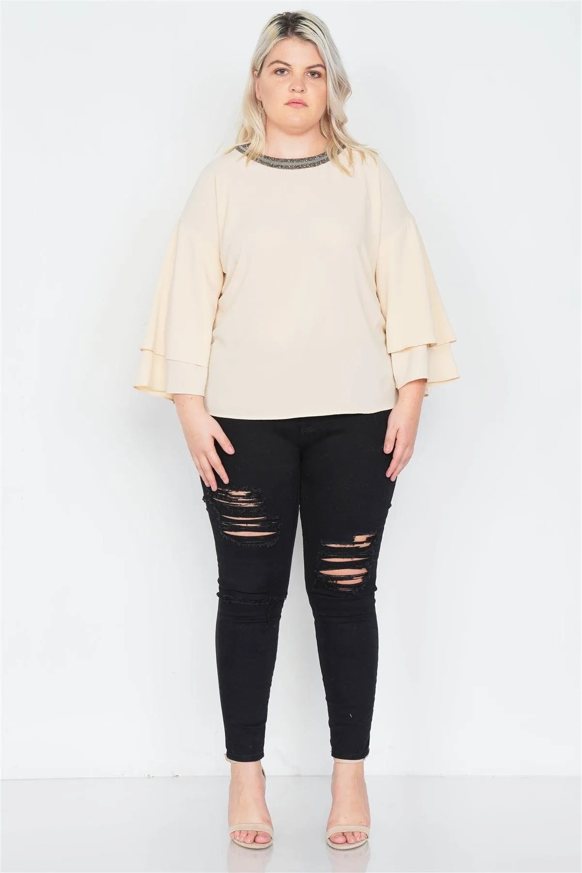 Plus Size Beige Beaded Round Neck Layered Bell Sleeve Chic Blouse /2-2-2 - Tasha Apparel Wholesale
