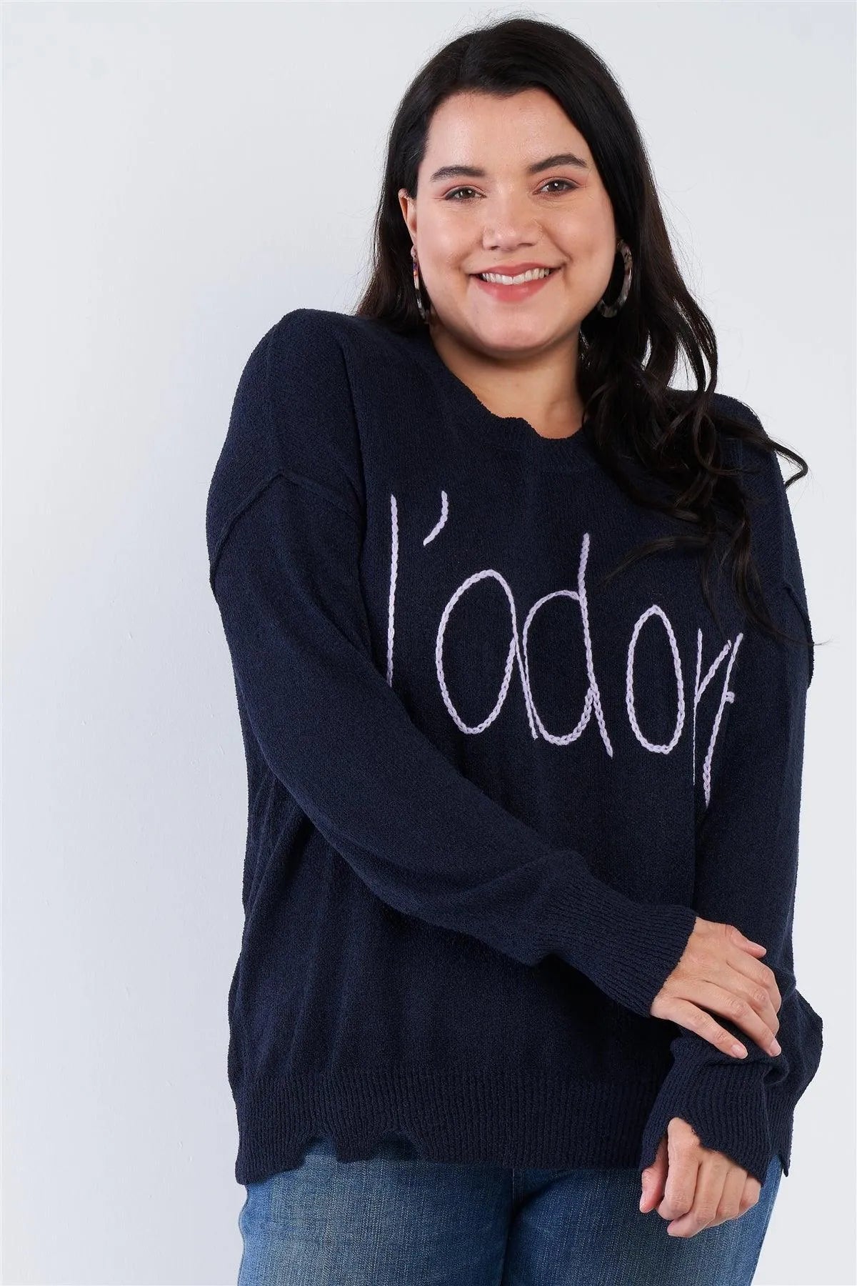 Junior Plus Size Navy Blue Purple "J'adore" Script Knit Relaxed Fit Sweater /4-2 - Tasha Apparel Wholesale