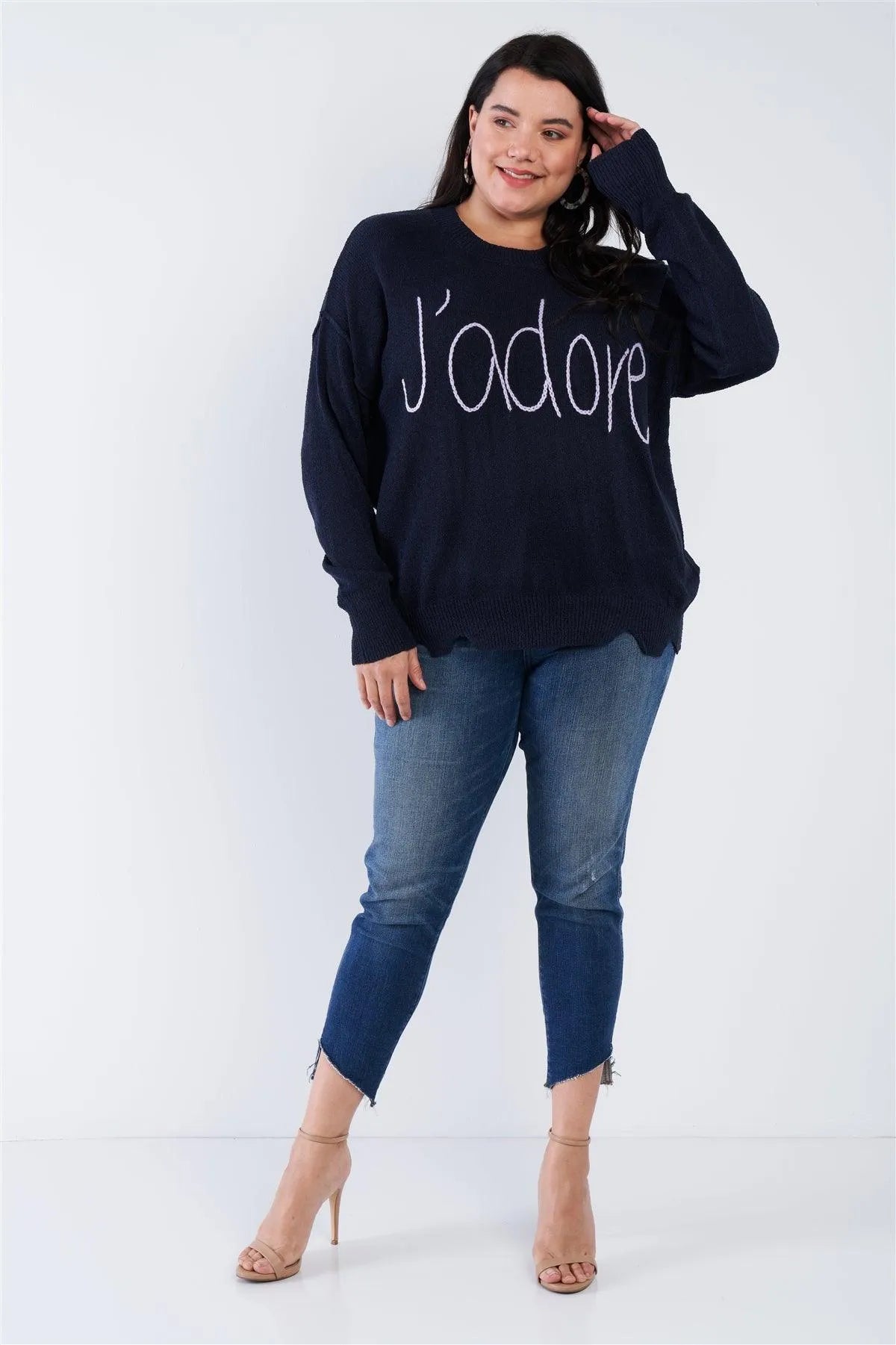 Junior Plus Size Navy Blue Purple "J'adore" Script Knit Relaxed Fit Sweater /2-4 - Tasha Apparel Wholesale