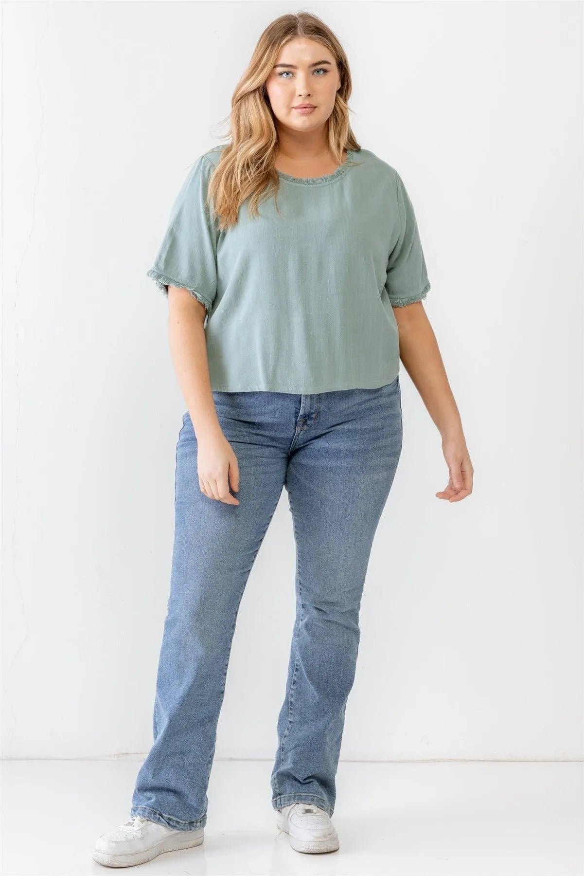 Junior Plus Ash Green Short Sleeve Round Neck Fringe Trim Detail Top /3-2-1 - Tasha Apparel Wholesale