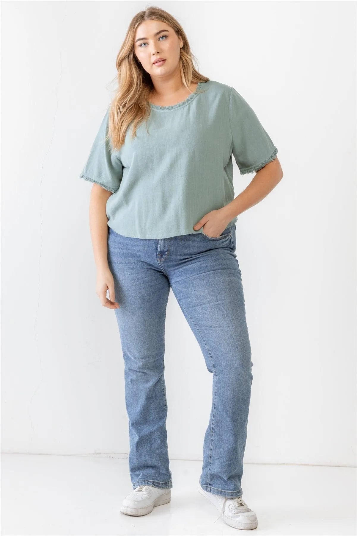 Junior Plus Ash Green Short Sleeve Crew Neck Fringe Trim Detail Top /4-2-1 - Tasha Apparel Wholesale