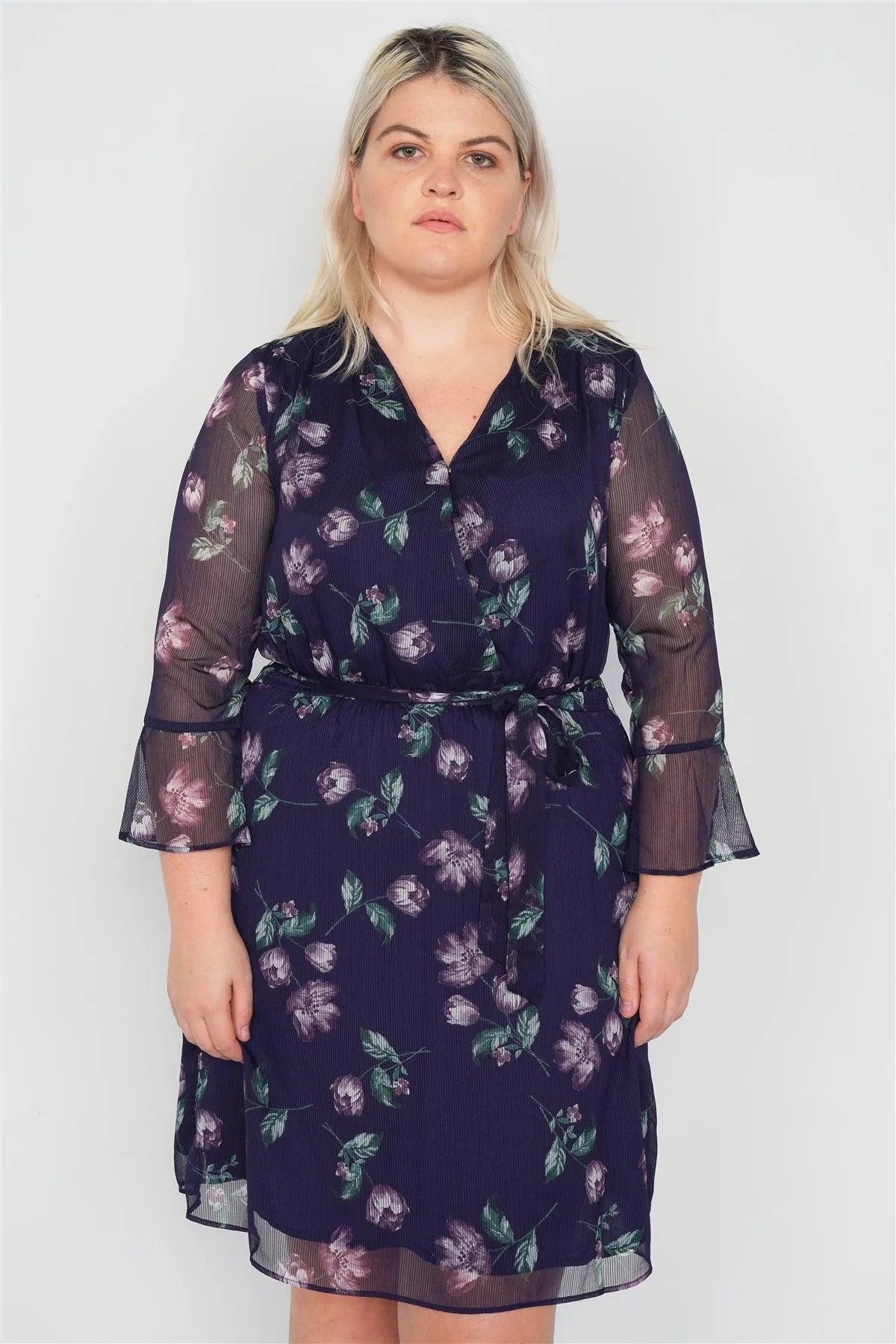Junior Plus Size Navy Sheer Floral Print Casual V-Neck Mini Dress /2-2-2 - Tasha Apparel Wholesale
