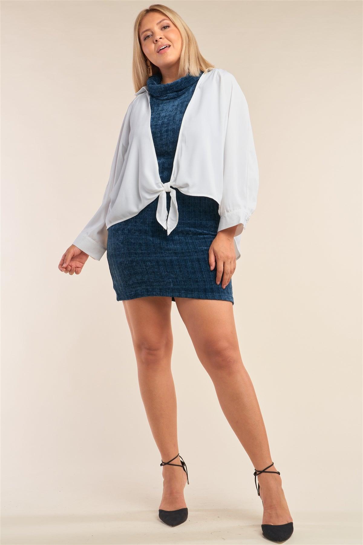 Junior Plus Size White Open Front Relaxed Fit Self-Tie Bottom Hem Long Sleeve Collared Shirt Top
