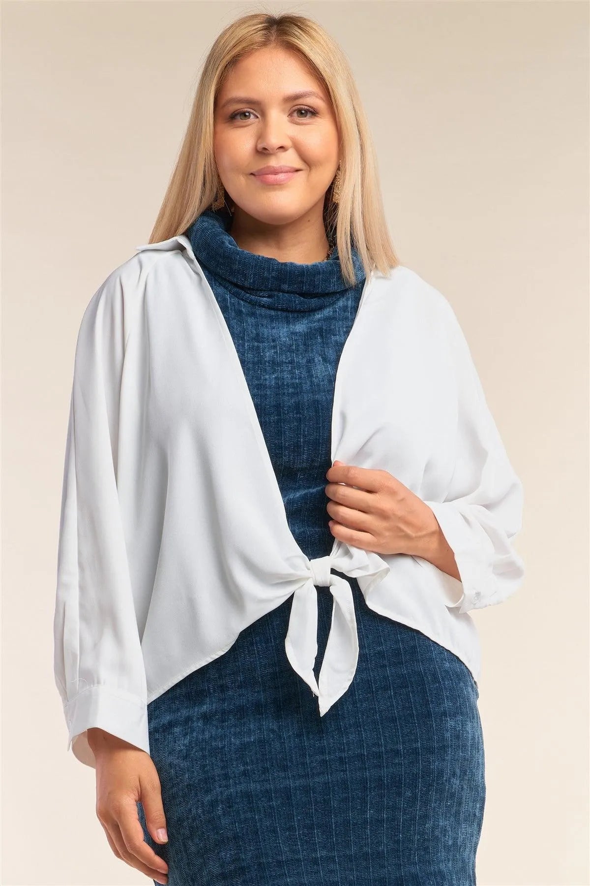 Junior Plus Size White Self-Tie Bottom Hem Shirt Top - Tasha Apparel Wholesale