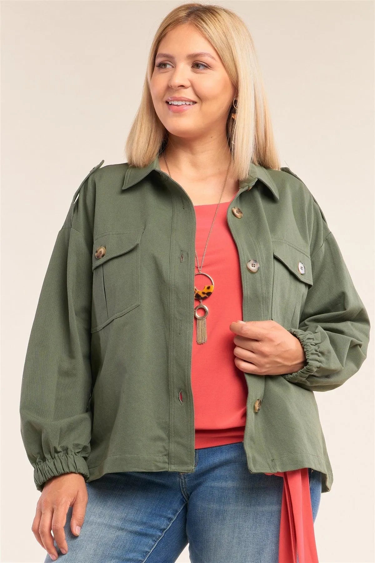Junior Plus Size Olive Long Sleeve Tassel And Aztec Embroidery Back Trim Utility Jacket /2-2-1 - Tasha Apparel Wholesale