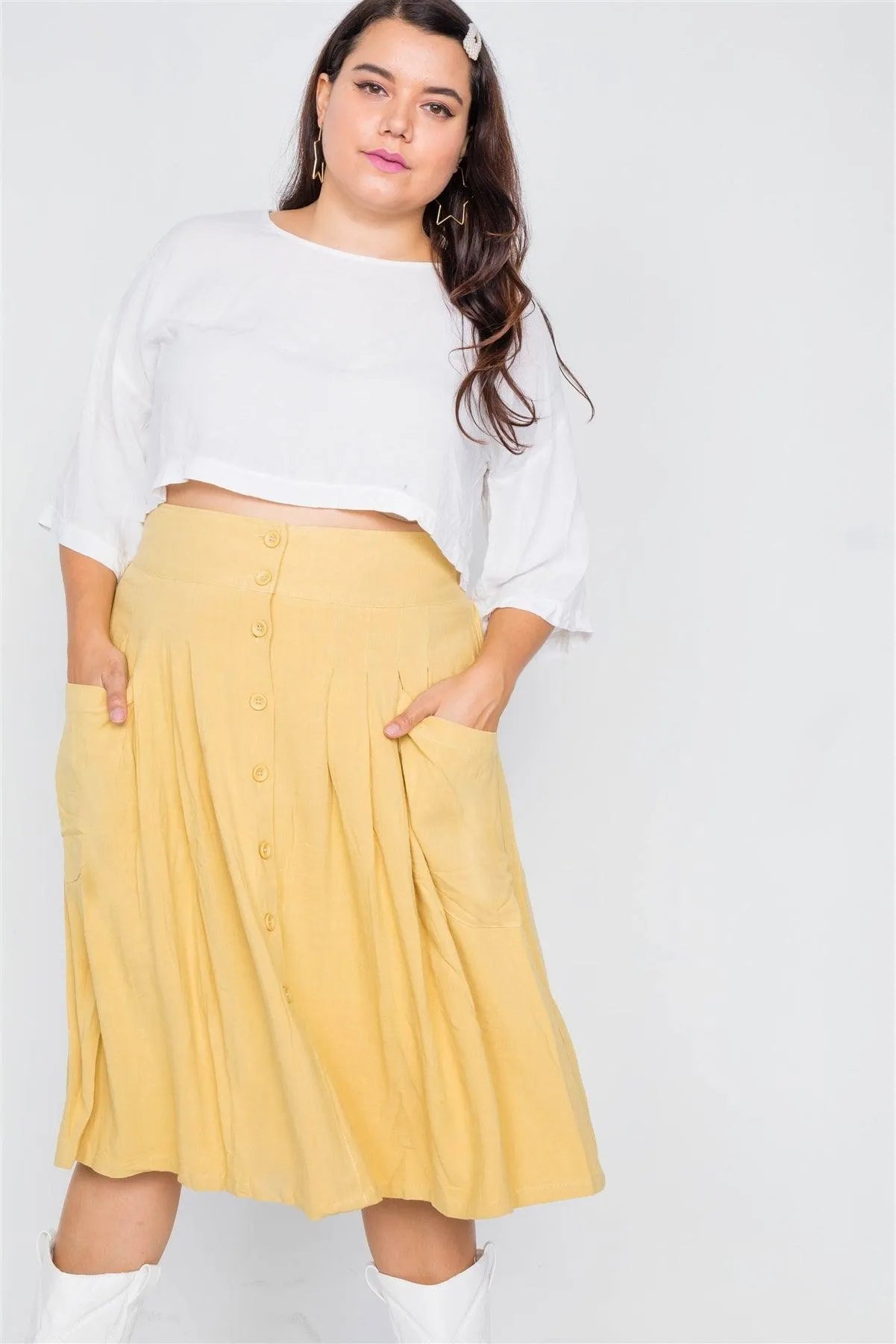 Plus Size Yellow High-Waisted Flare Pleated Midi Skirt 1-2-2-1