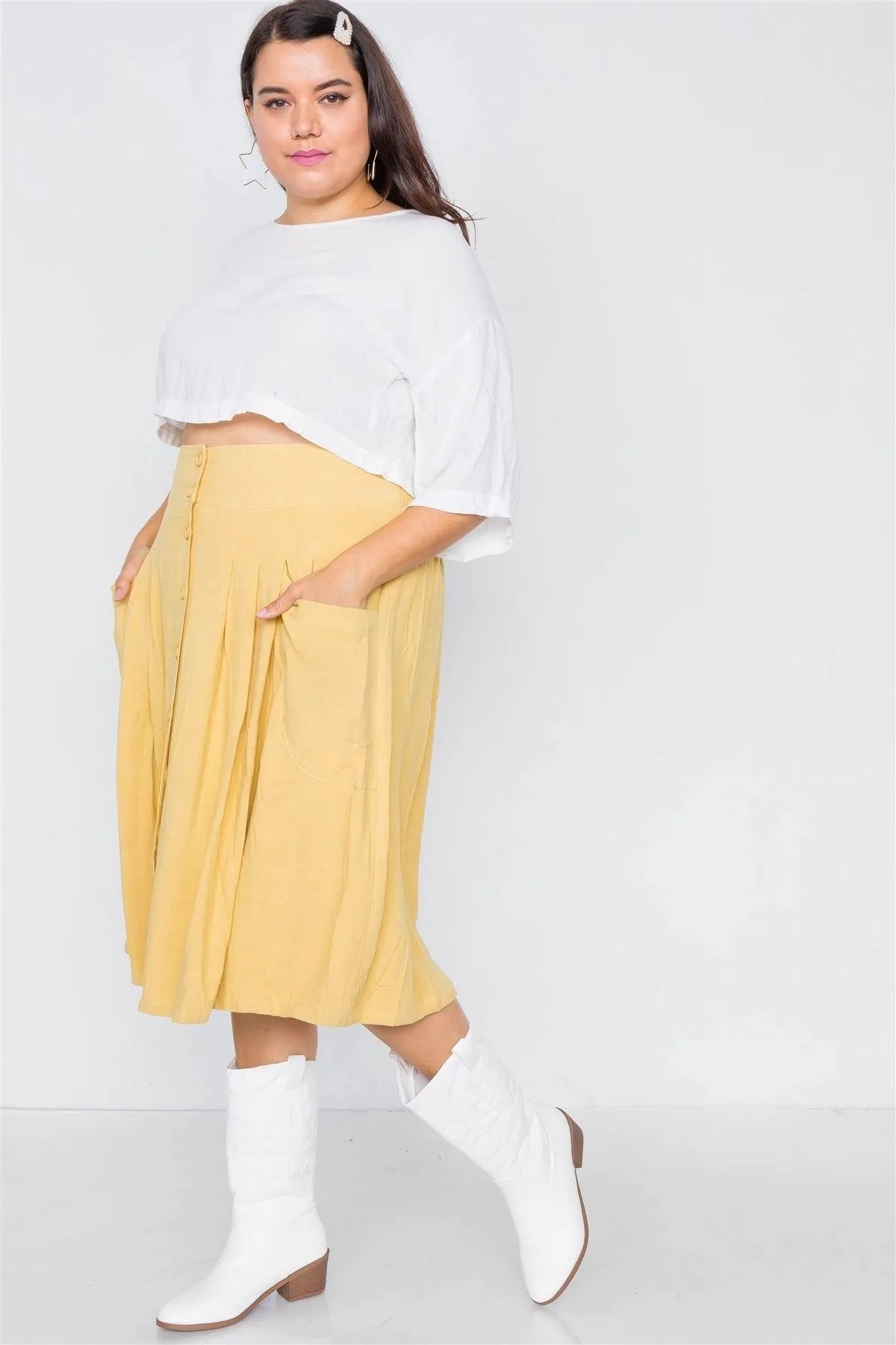 Plus Size Yellow High-Waisted Flare Pleated Midi Skirt / 1-2-2-1 - Tasha Apparel Wholesale