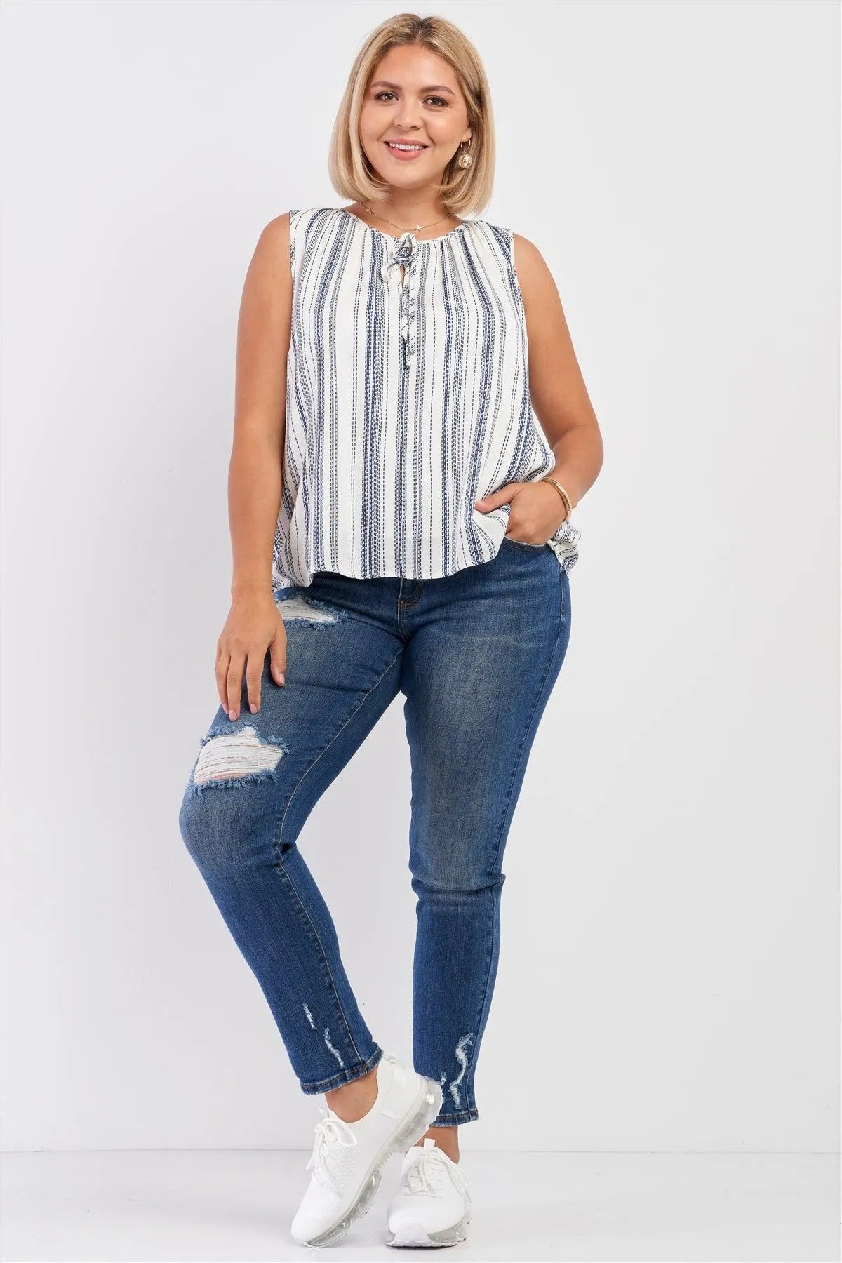 Junior Plus Navy & White Stitch Print Sleeveless Relaxed Fit Self-Tie V-Neck Top /2-2-1-1 - Tasha Apparel Wholesale