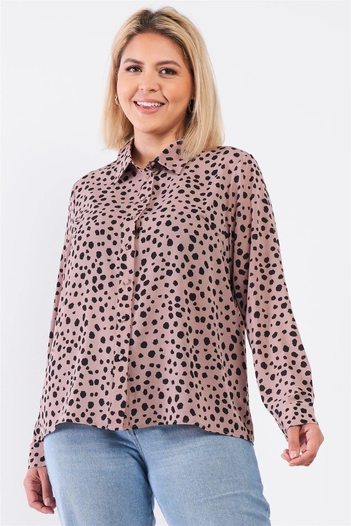 Junior Plus Mauve Dalmatian Polka Dot Print Button Down Relaxed Blouse /2-1-2 - Tasha Apparel Wholesale