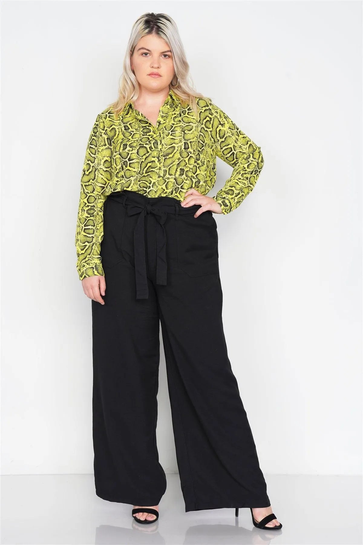 Junior Plus Size Neon Yellow Animal Print Front Button Blouse /1-2-2-1 - Tasha Apparel Wholesale