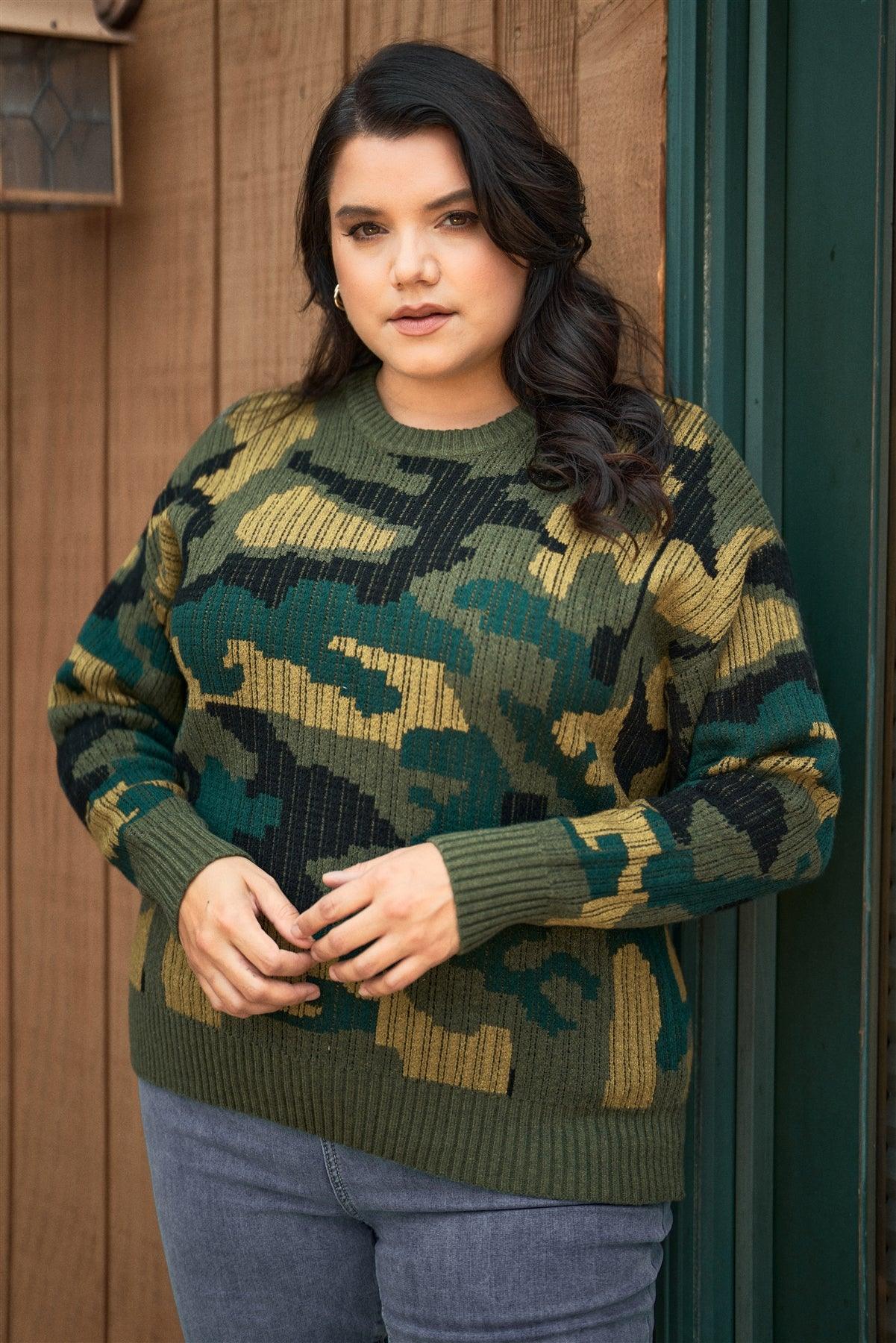 Junior Plus Size Multi Army Camouflage Knit Relaxed Fit Sweater