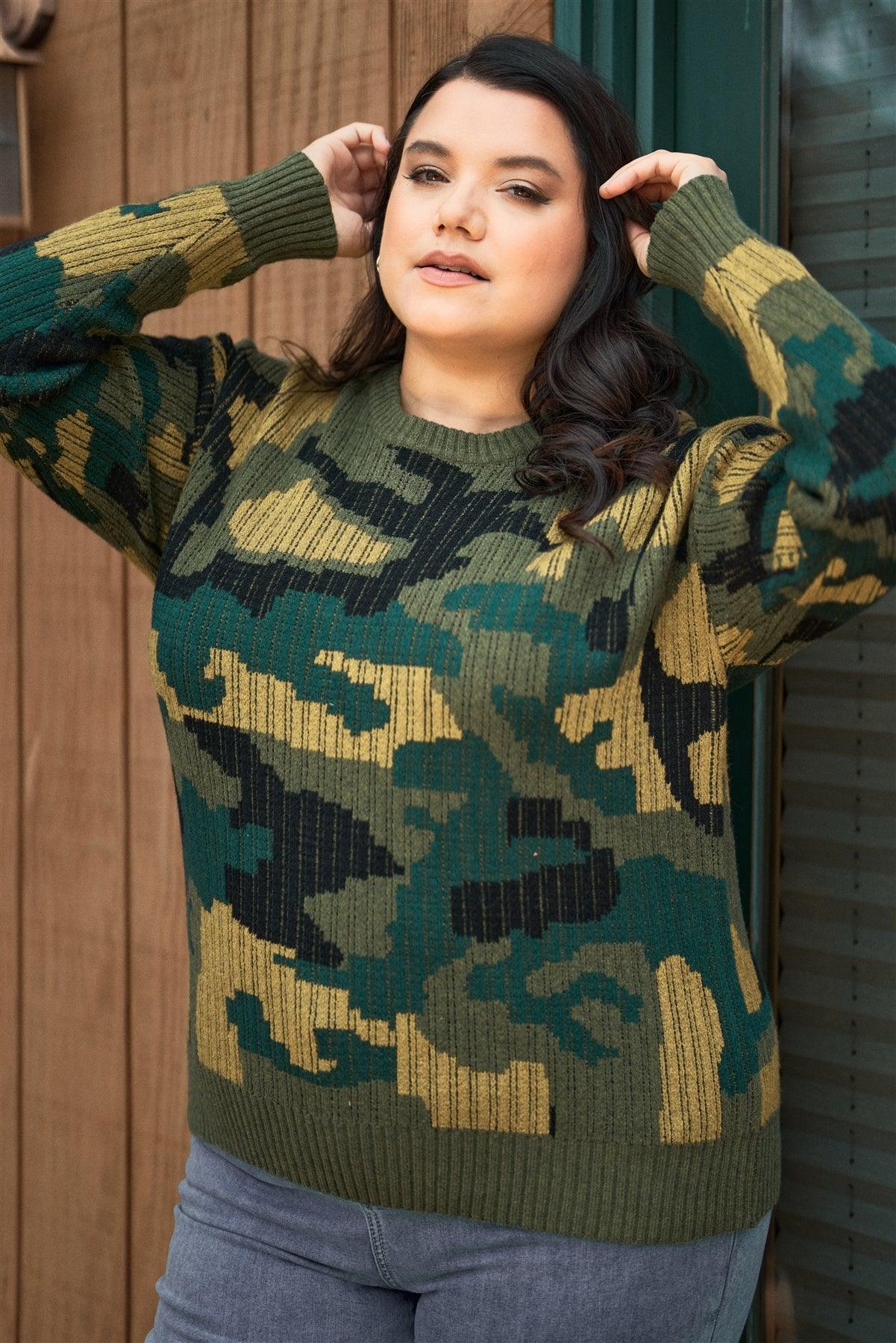 Junior Plus Size Multi Army Camouflage Knit Relaxed Fit Sweater