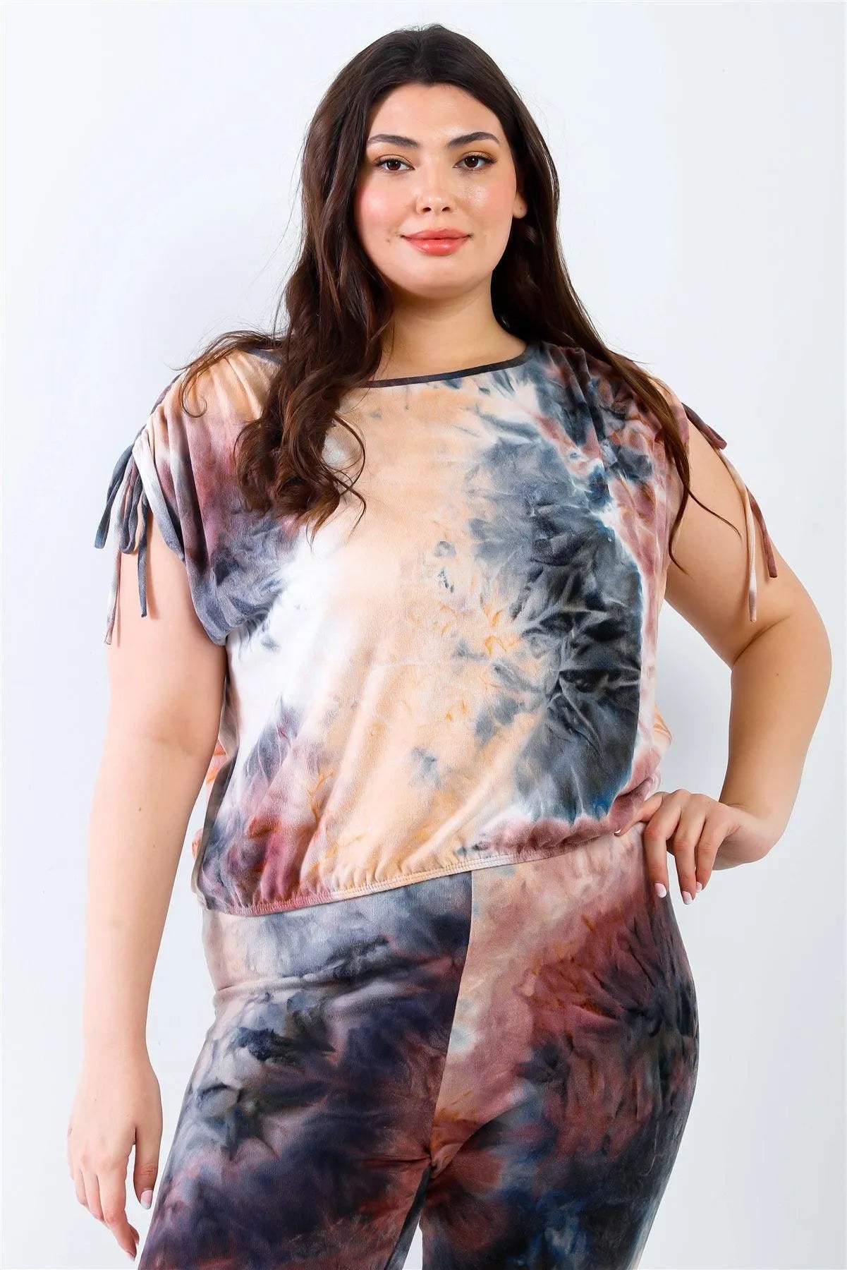 Junior Plus Peach & Black Tie-Dye Ruched Shoulder Detail Top & Pants Set /1-1-1 - Tasha Apparel Wholesale