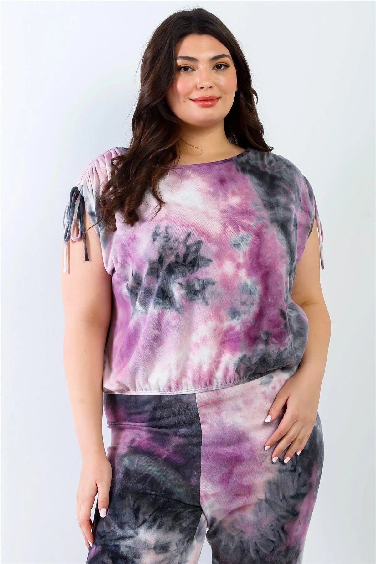 Junior Plus Purple & Black Tie-Dye Ruched Shoulder Detail Top & Pants Set /1-1-1 - Tasha Apparel Wholesale
