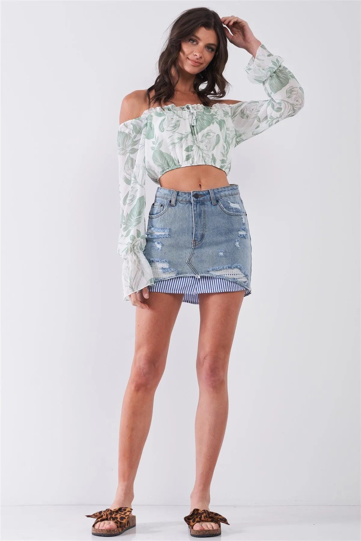White Leaf Print Off-The-Shoulder Cropped Top /2-2-2 - Tasha Apparel Wholesale