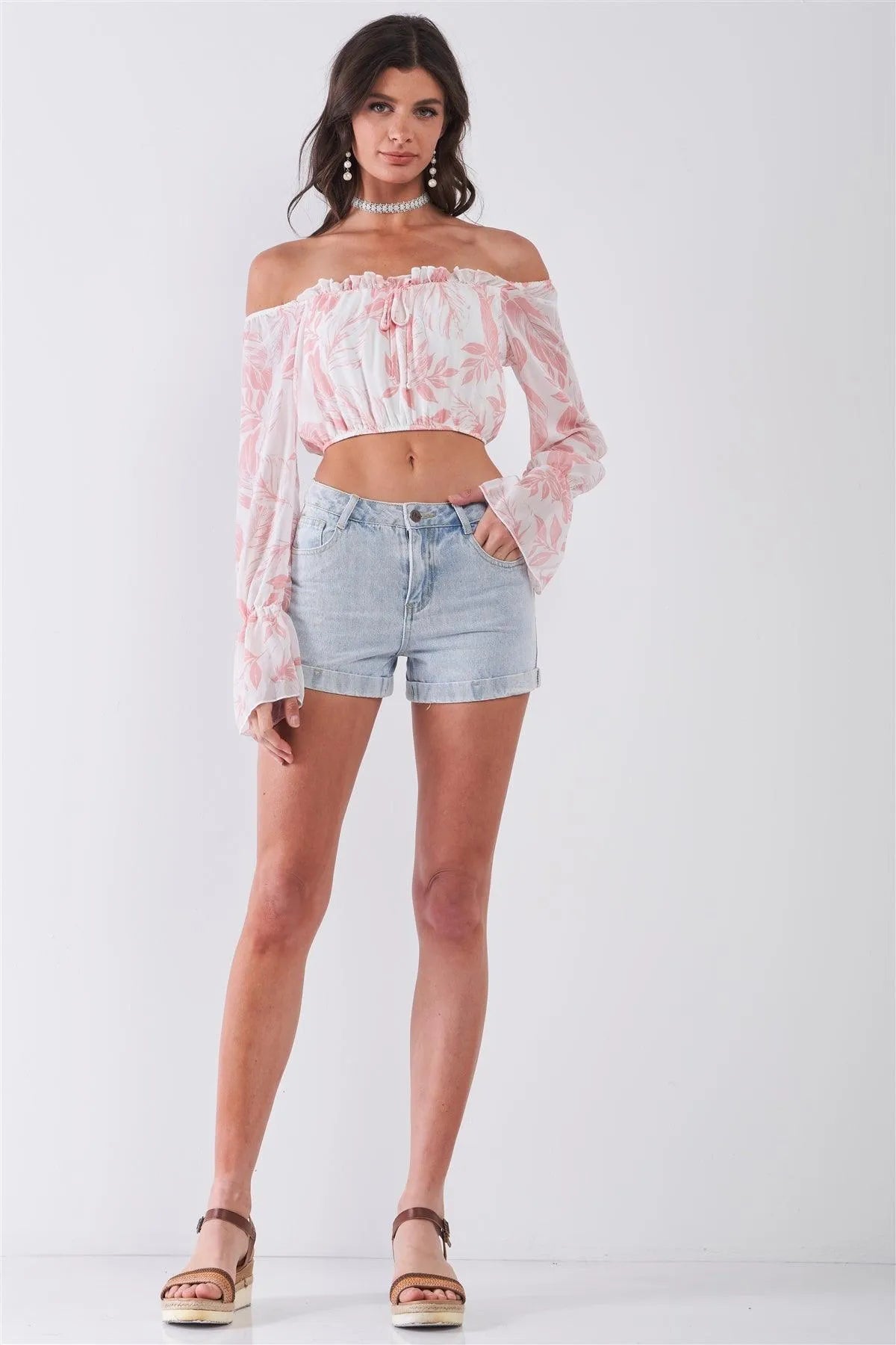 White & Pink Leaf Print Off-The-Shoulder Long Flounce Sleeve Self-Tie Front Cropped Top - Tasha Apparel Wholesale