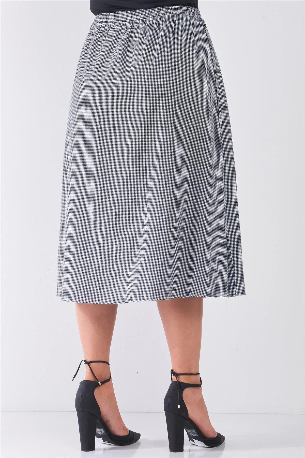 Junior Plus Size Black Gingham Print Side Button Midi Skirt /2-2-2 - Tasha Apparel Wholesale