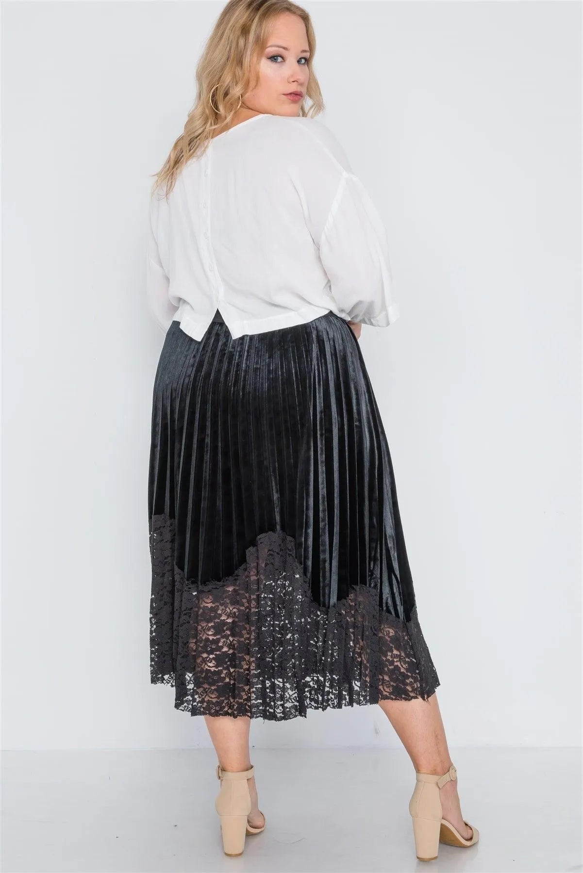Plus Size Black Velvet Pleated Lace Hem Midi Skirt /2-3-2 - Tasha Apparel Wholesale