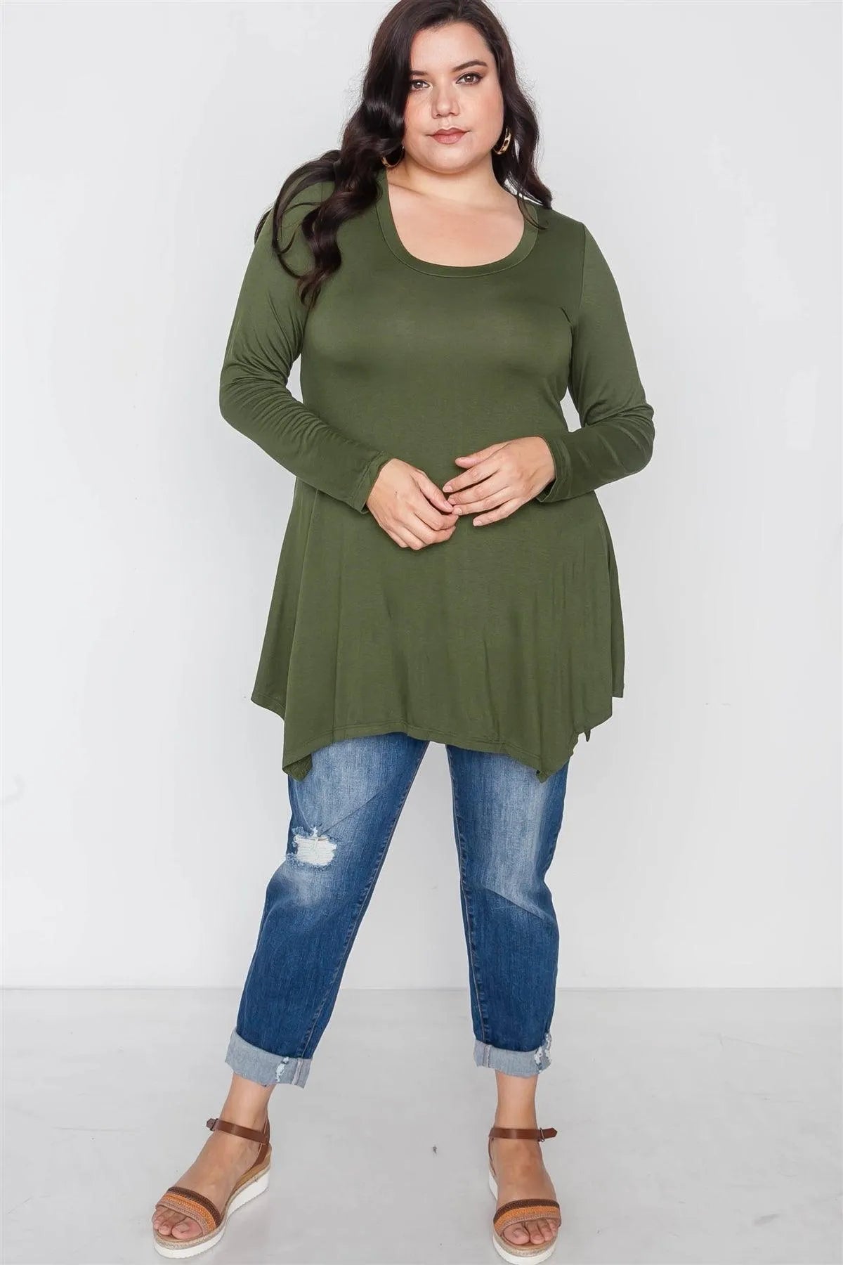 Plus Size Olive Green Long Sleeve Basic Top /2-2-2 - Tasha Apparel Wholesale