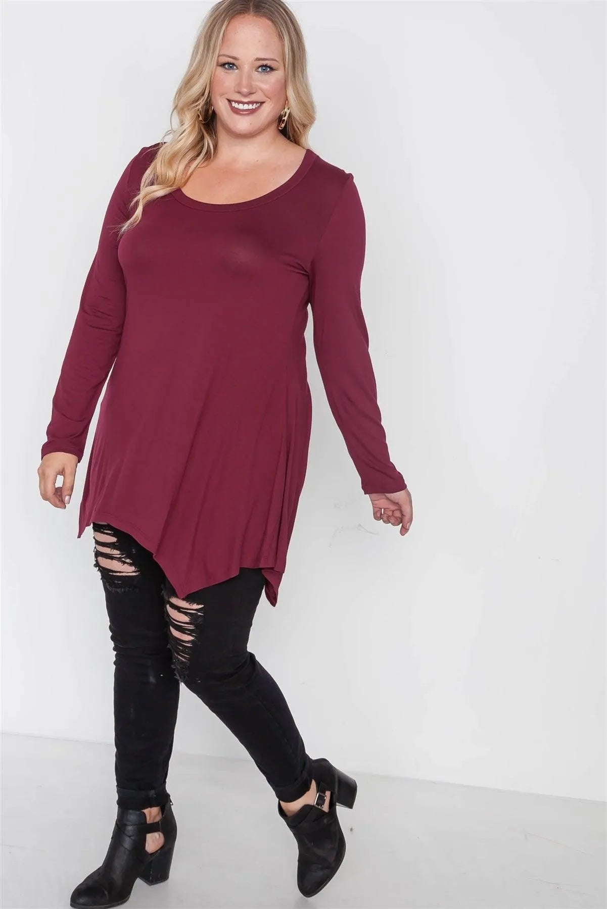 Plus Size Wine Long Sleeve Basic Top /2-2-2 - Tasha Apparel Wholesale