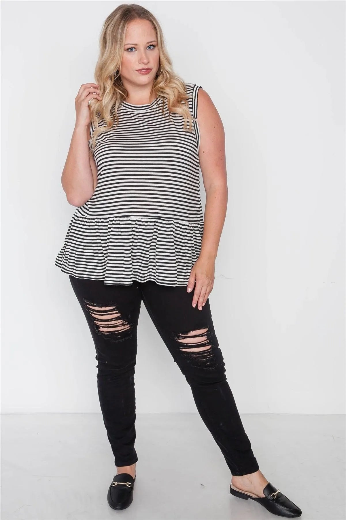 Plus Size Stripe Black Cream Sleeveless Knit Top - Tasha Apparel Wholesale