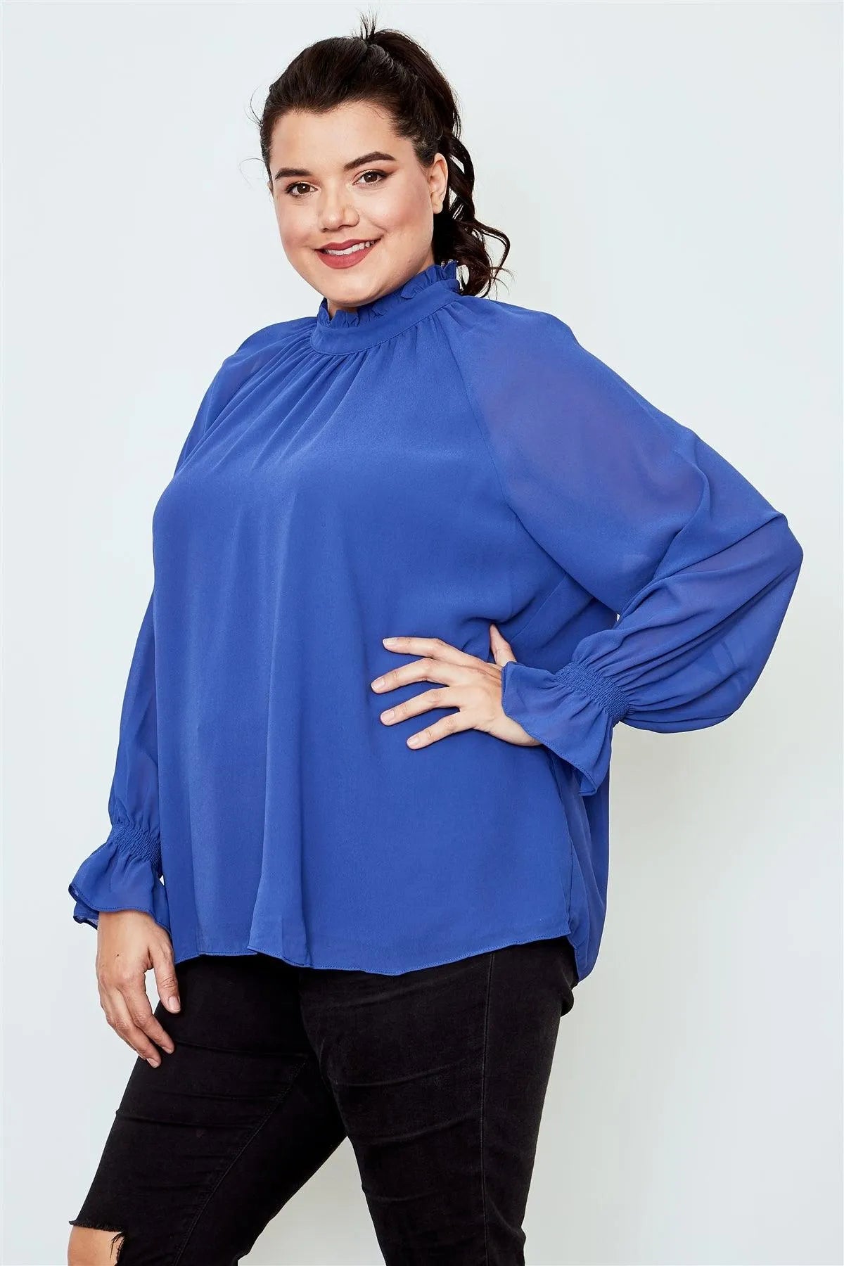 Plus Size Blue Violet High Neck Ruffle Long Sleeve Top /2-2-2 - Tasha Apparel Wholesale