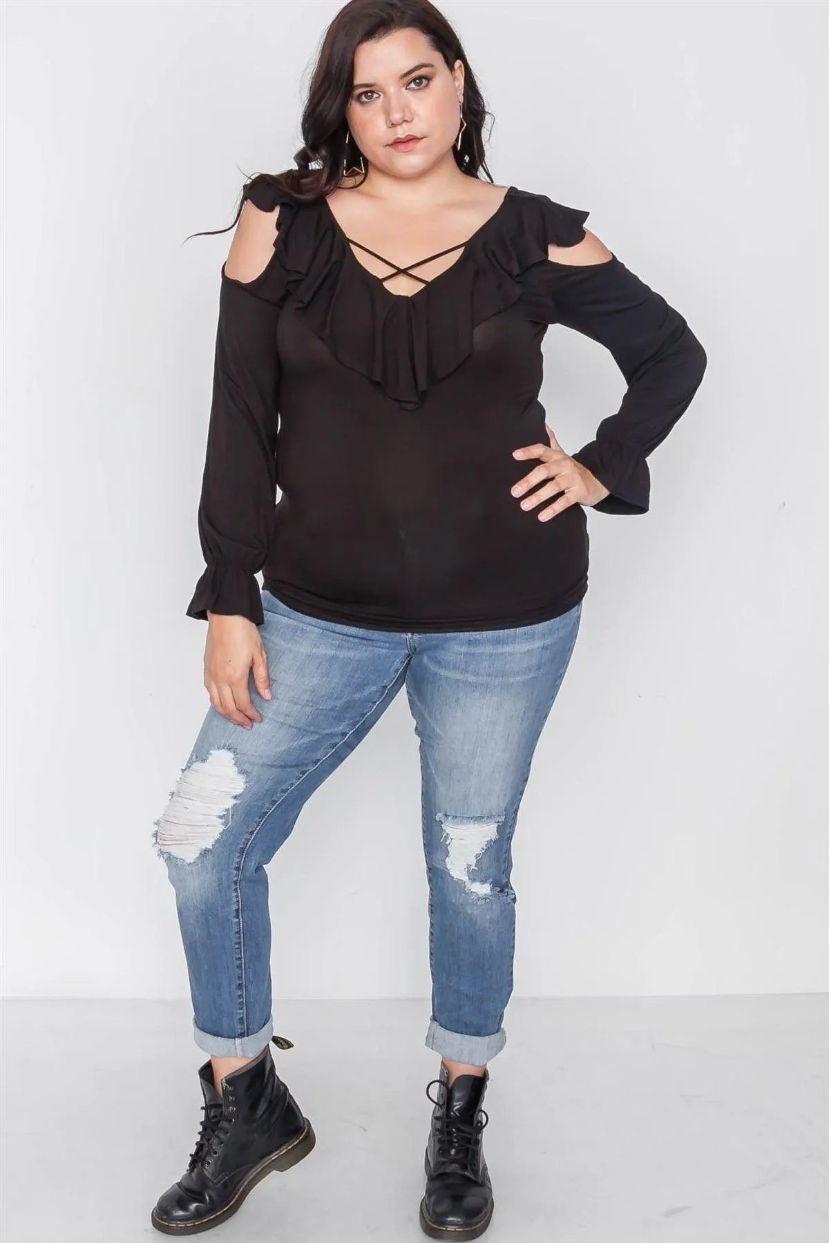 Plus Size Black Long Sleeve Flounce Top - Tasha Apparel Wholesale