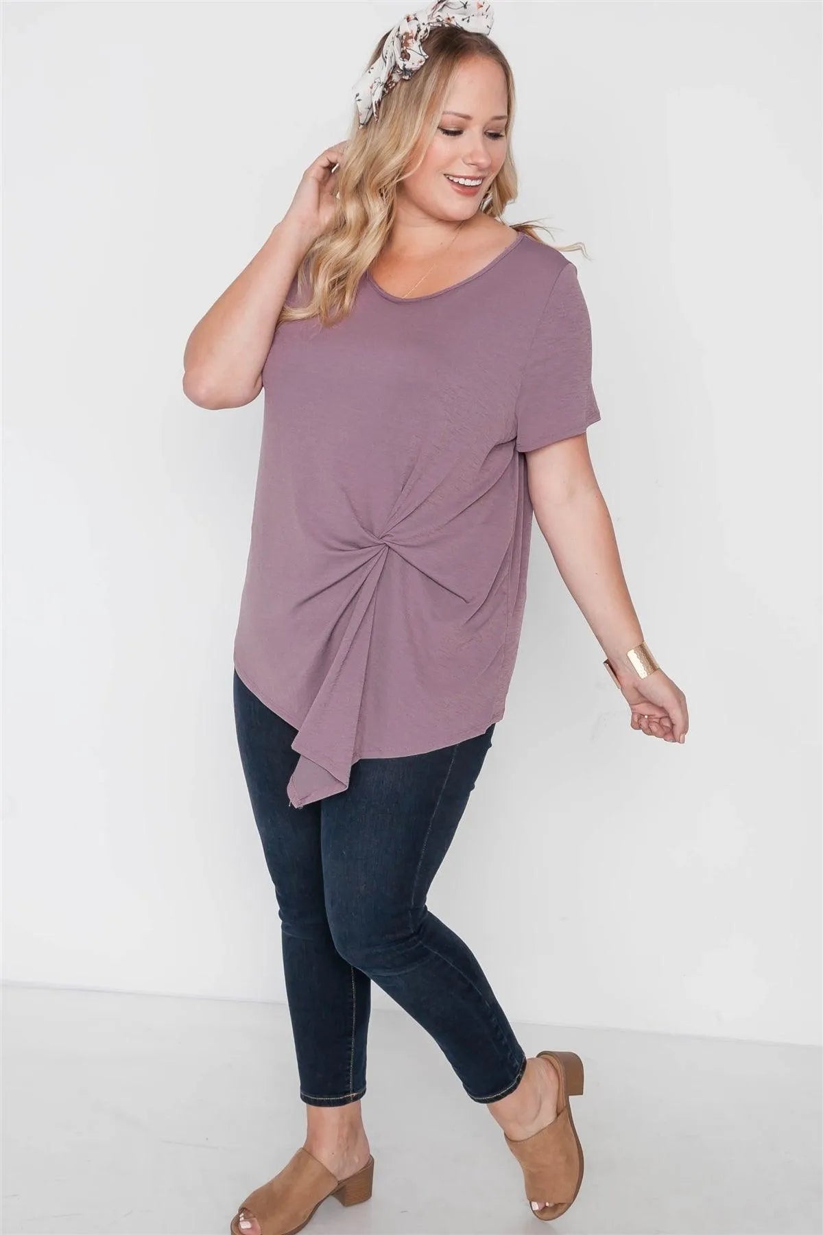 Plus Size Lilac Short Sleeve Twist Front Top /2-2-2 - Tasha Apparel Wholesale