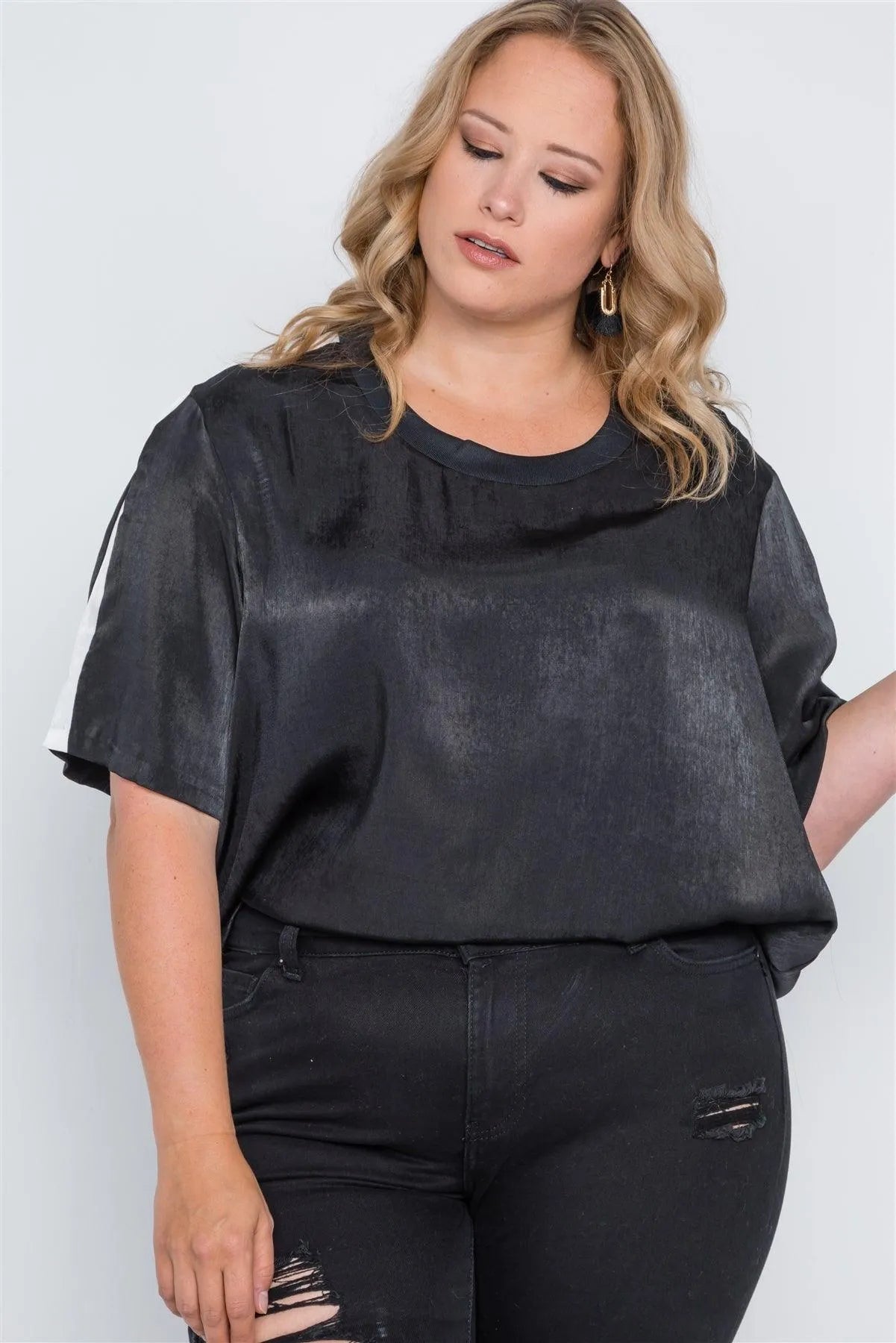Plus Size Black Colorblock Short Sleeve Top /1-2-1 - Tasha Apparel Wholesale
