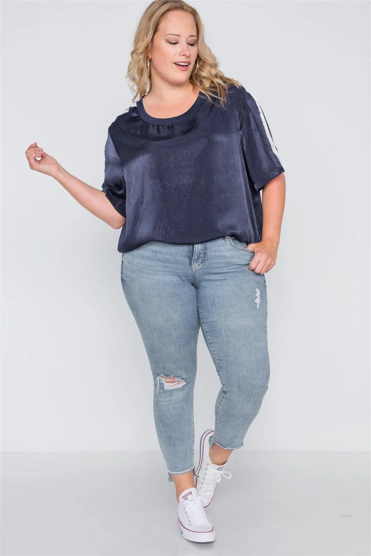 Plus Size Midnight Blue Colorblock Short Sleeve Top /2-2-2 - Tasha Apparel Wholesale