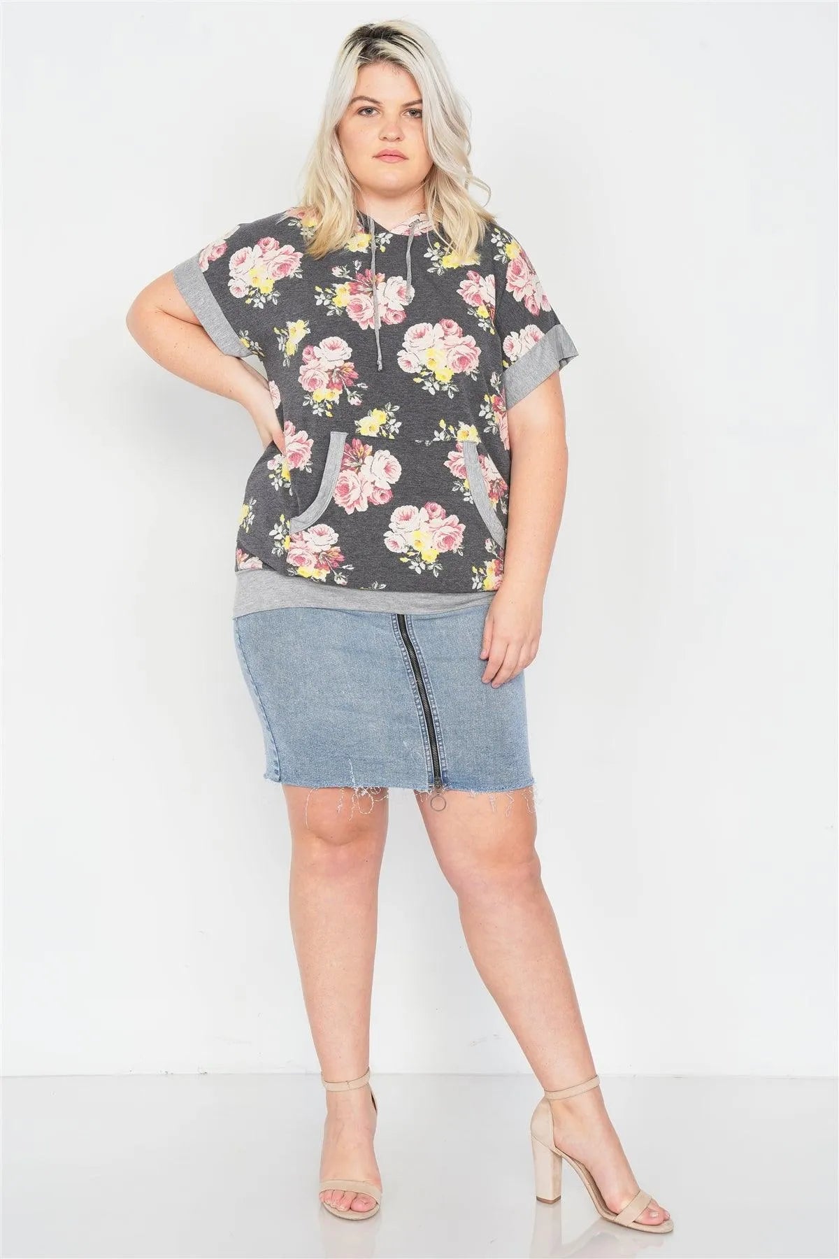 Plus Size Charcoal Mix Floral Print Pull Over Hoodie Sweater - Tasha Apparel Wholesale