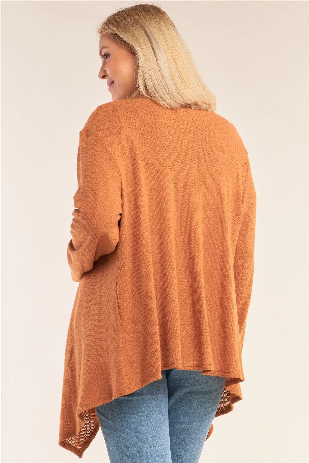 Junior Plus Size Mustard Knit Asymmetrical Pleated Collar Cardigan - Tasha Apparel Wholesale