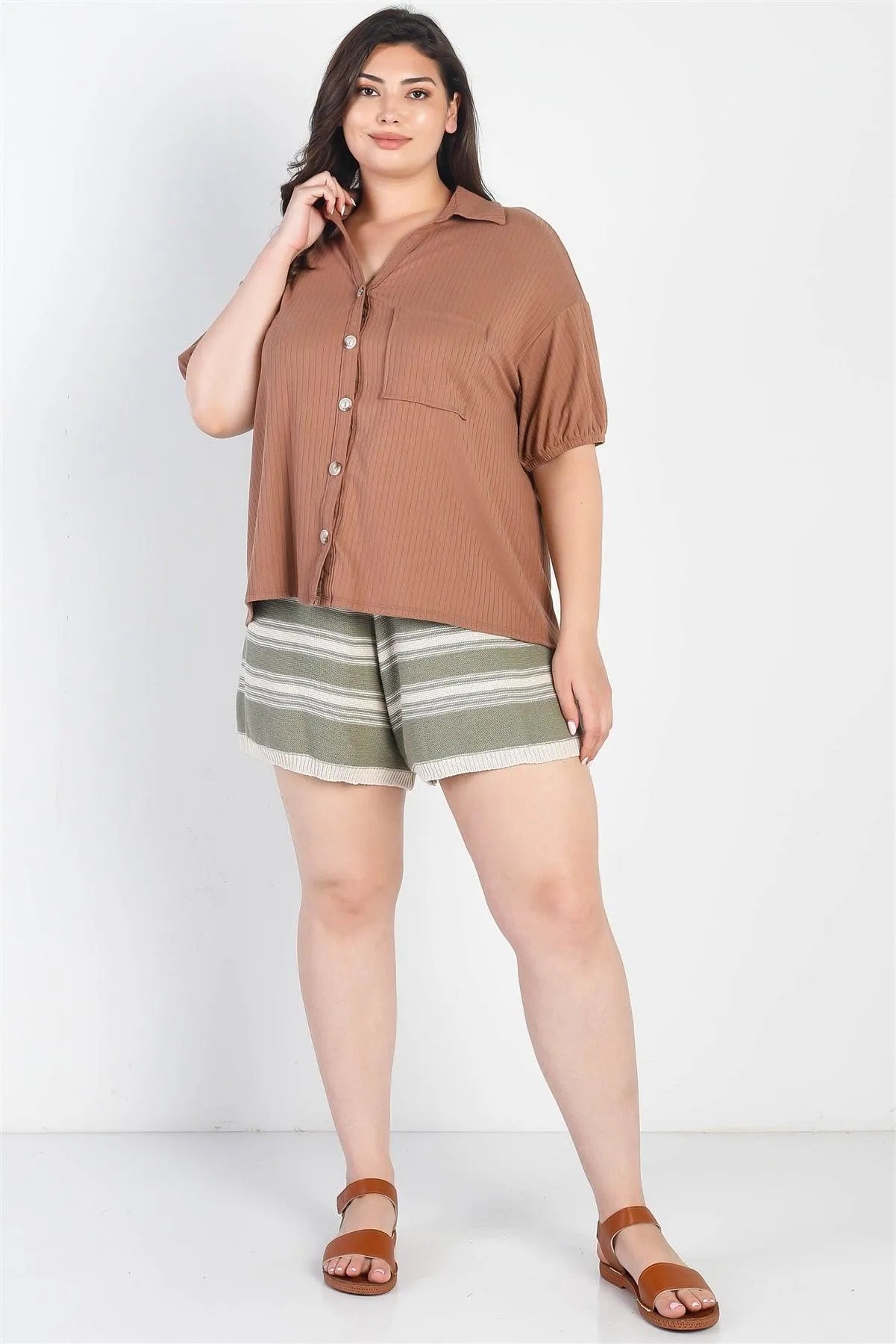 Junior Plus Mocha Ribbed Button-Up Collared Top /3-2-1 - Tasha Apparel Wholesale