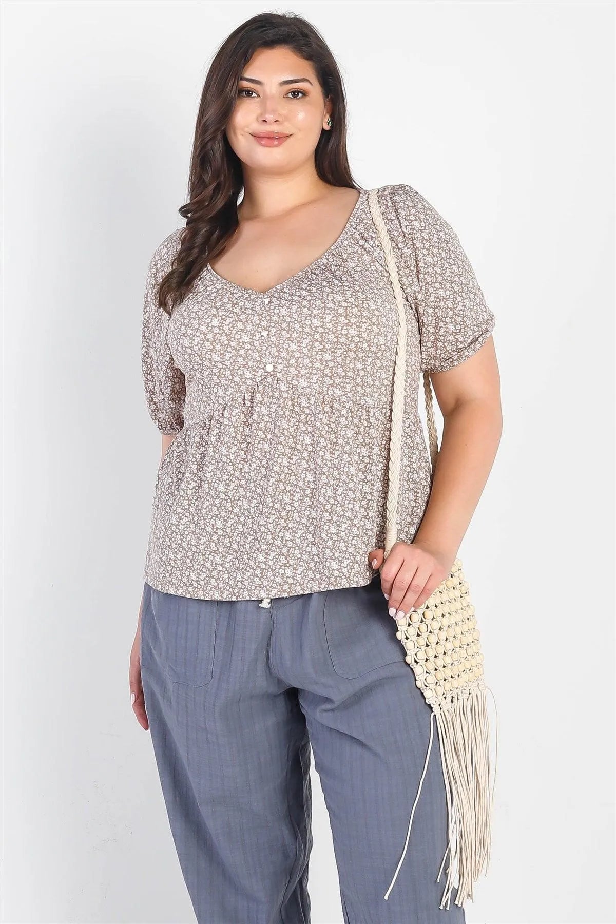 Junior Plus Taupe & Ivory Floral Print Button Up Detail Flare Hem Top /3-2-1 - Tasha Apparel Wholesale