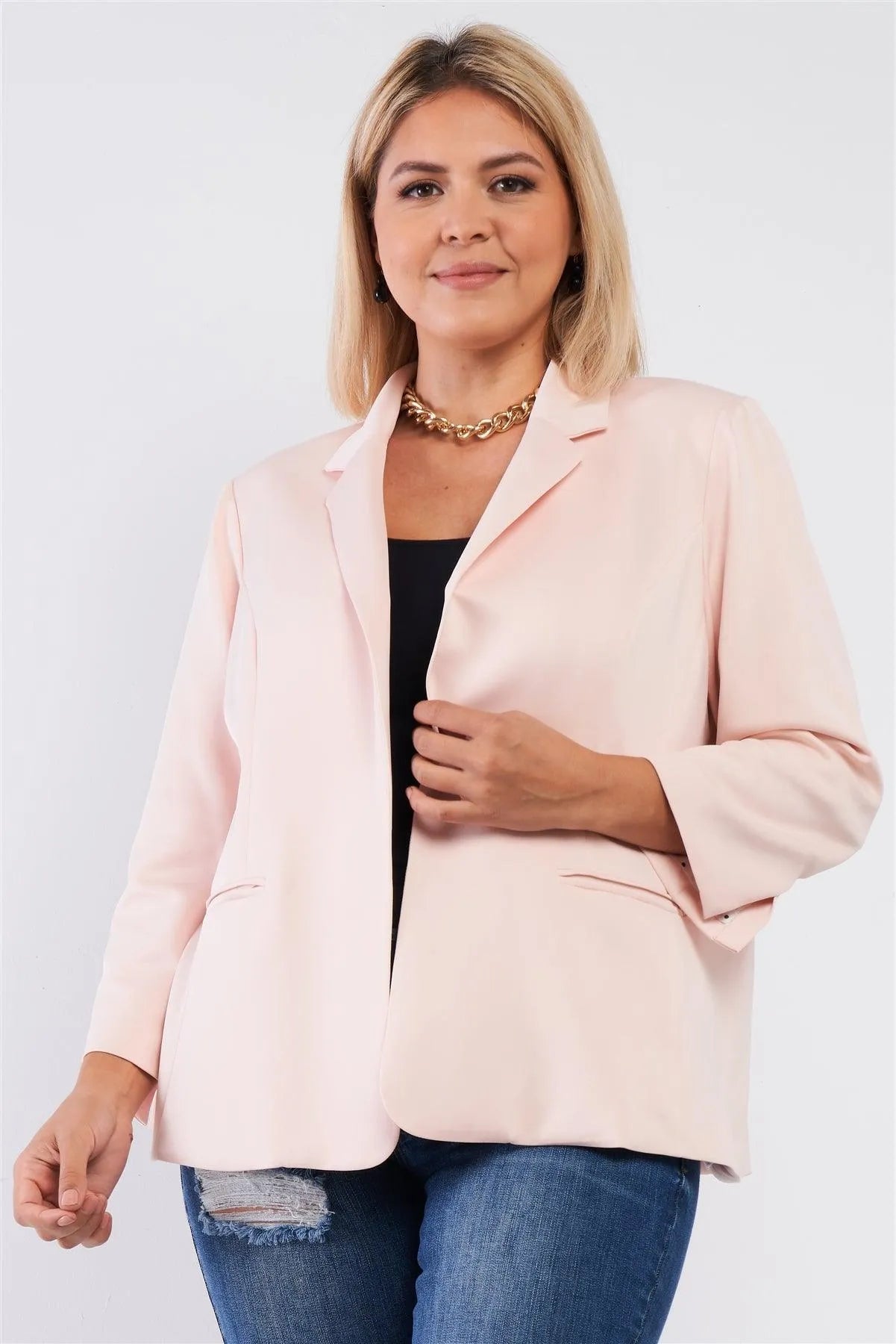 Junior Plus Light Blush Classic Open Front Blazer /1-2-1-1 - Tasha Apparel Wholesale